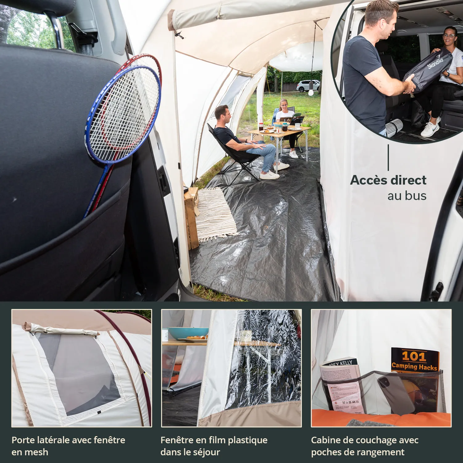 Innenraum eines Campers mit einem Zeltanschluss. Zwei Personen sitzen an einem Tisch, eine dritte Person reicht etwas. Ein Netzbadminton-Schläger hängt an der Wand. Sichtbare Fenster und Stauraum im Zelt.