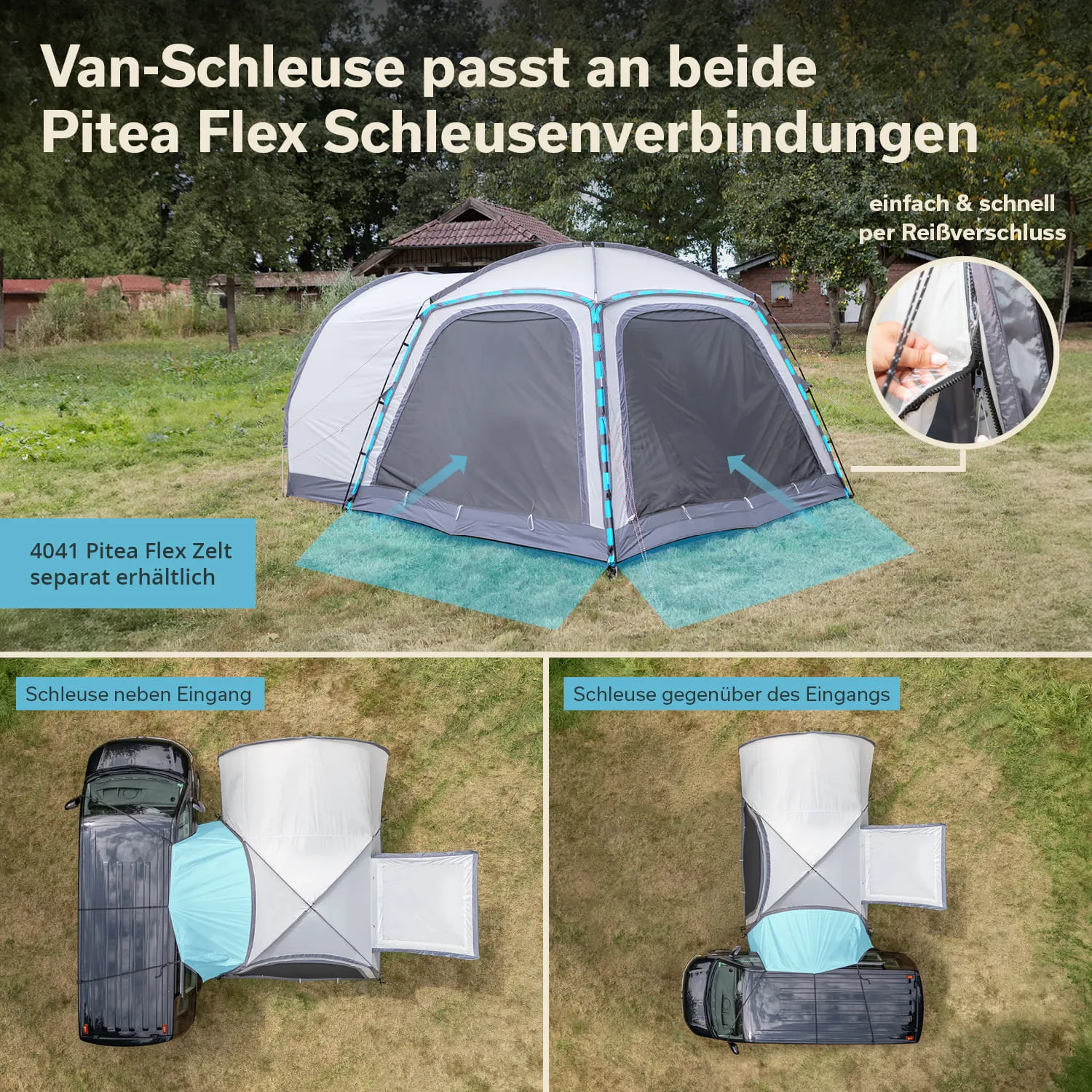 Pita Flex Zelt mit angepasster Van-Schleuse. Zwei Ansichten der Schleuse, eine neben und eine gegenüber dem Eingang, sowie eine Nahaufnahme.