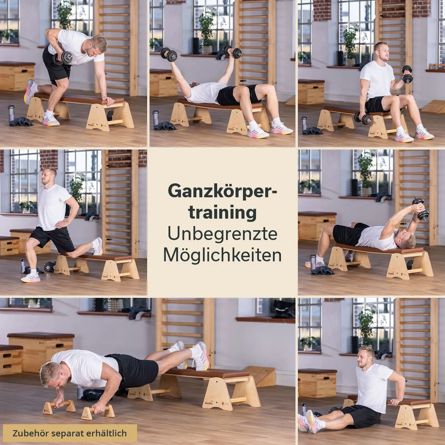 Collage mit sechs Fitnessübungen. Personen führen verschiedene Krafttrainingseinheiten auf Hantelbänken aus. Holzbank und Gewichte sichtbar.