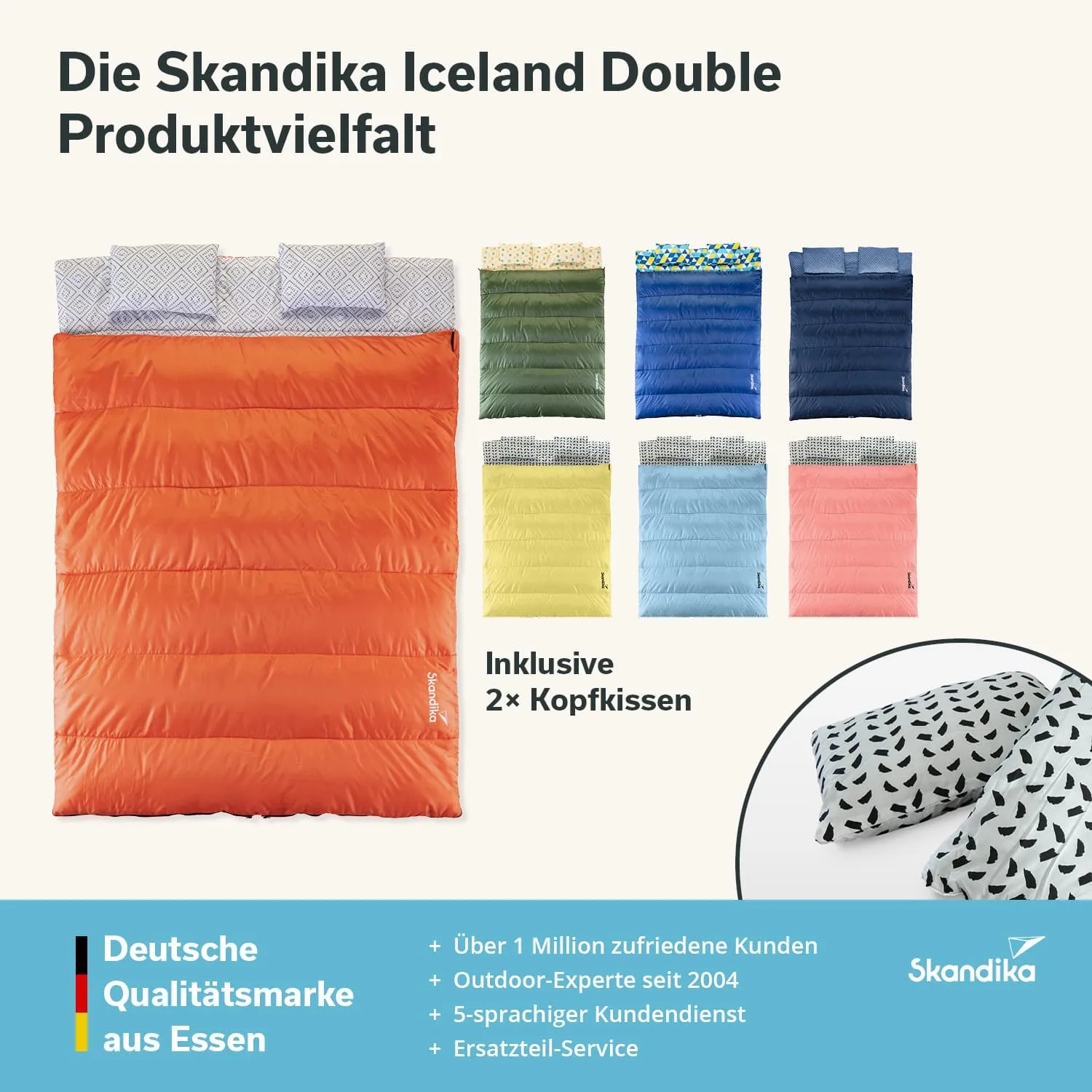 Bunte Schlafsäcke in verschiedenen Farben und Designs, zusammen mit zwei Kopfkissen, auf hellem Hintergrund.