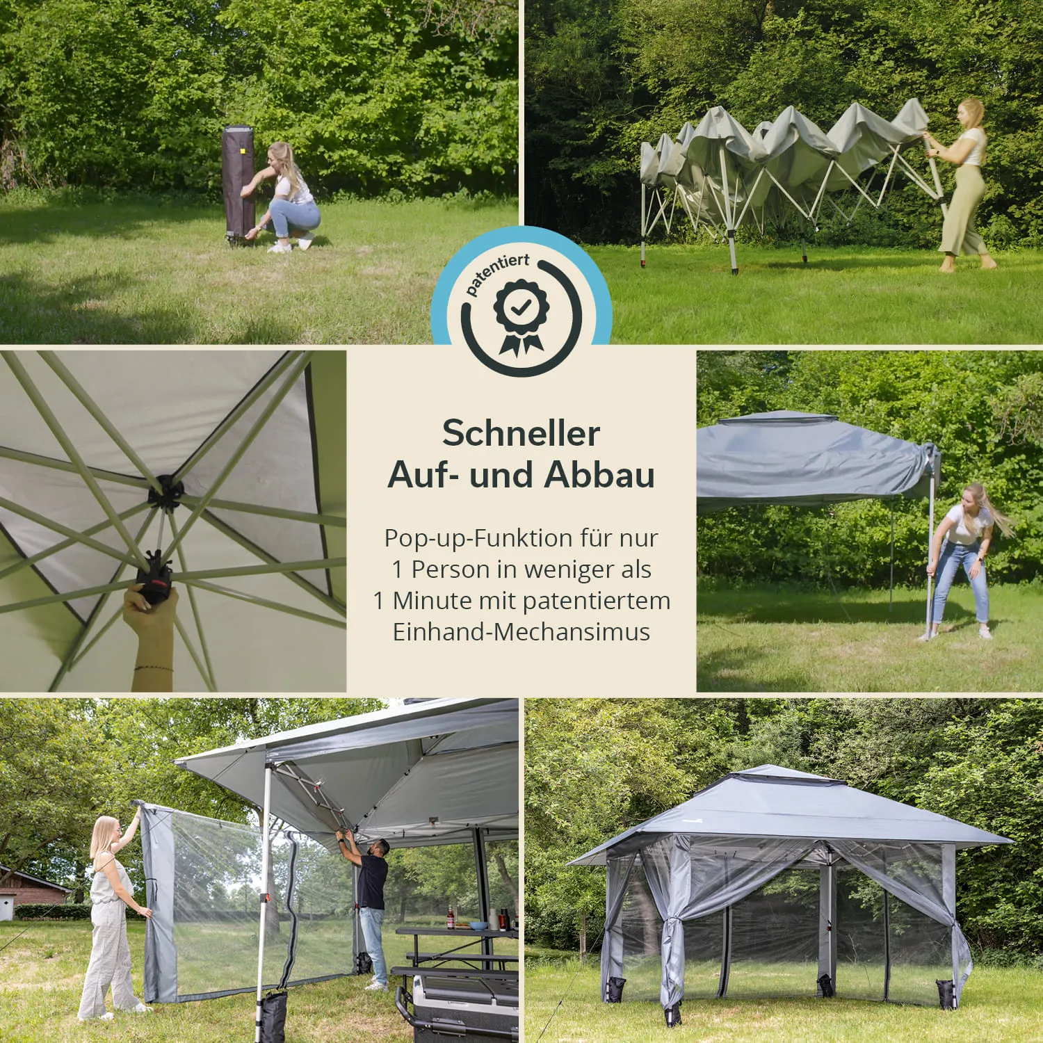 Zelt in der Natur, mehrere Schritte zum Auf- und Abbau, Person beim Aufstellen, graue Markise und seitliche Netze sichtbar.