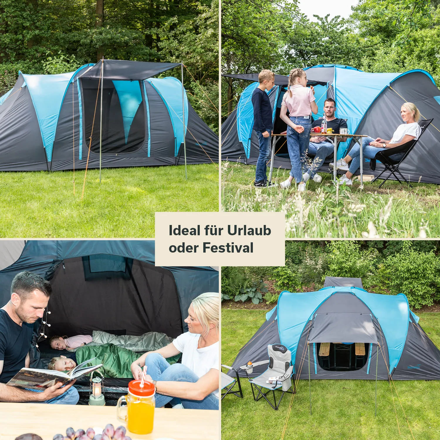 Zelt in einem grünen Garten, umgeben von Bäumen. Oben links: Zelt mit blauen Akzenten. Unten links: Lesen mit Kindern im Zelt. Oben rechts: Menschen sitzen und essen am Tisch. Unten rechts: Zeltansicht mit Campingstühlen und Tisch.