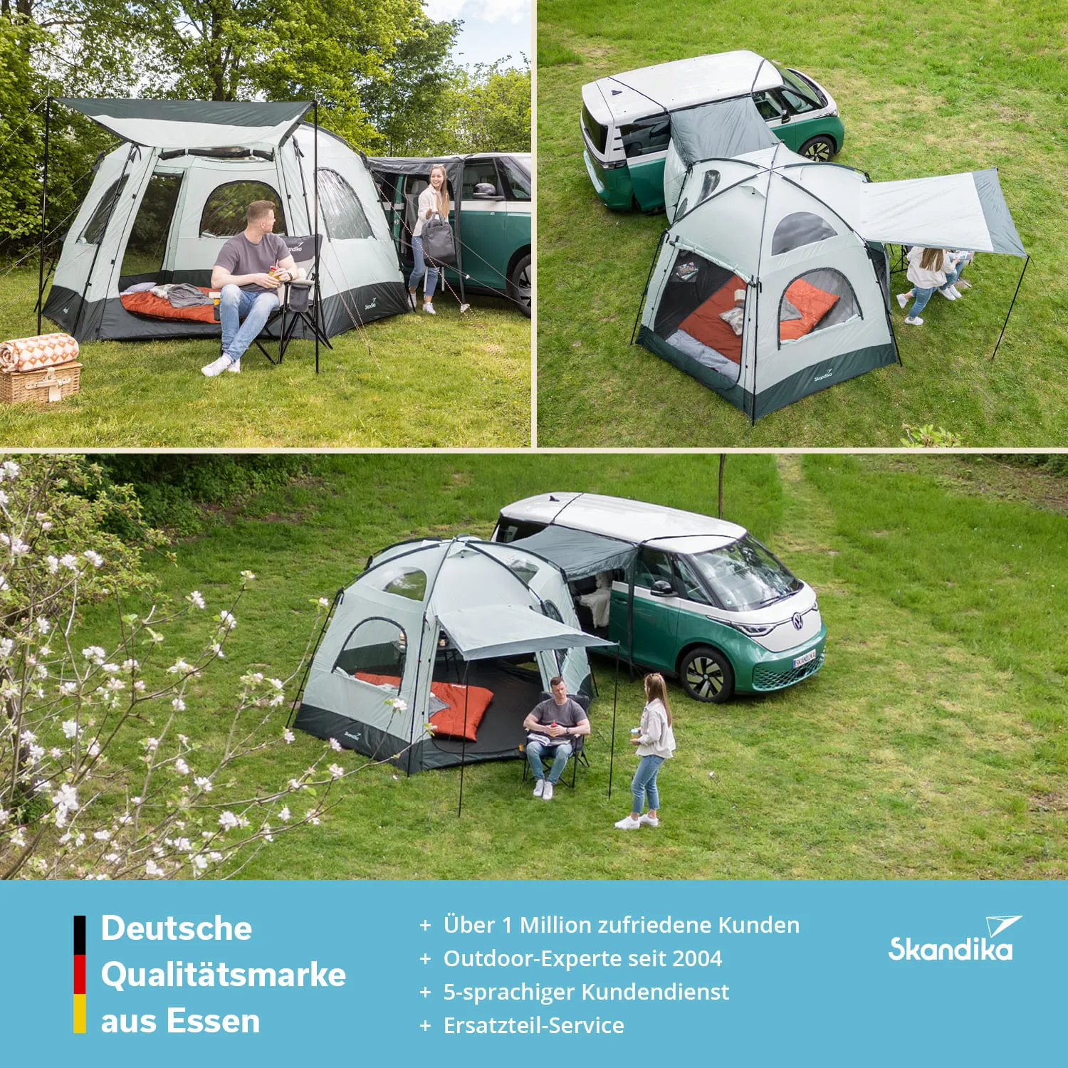 Zelt in einer Wiese, mit einer Person auf einem Stuhl und einer weiteren Person, die steht. Ein Fahrzeug ist daneben geparkt.