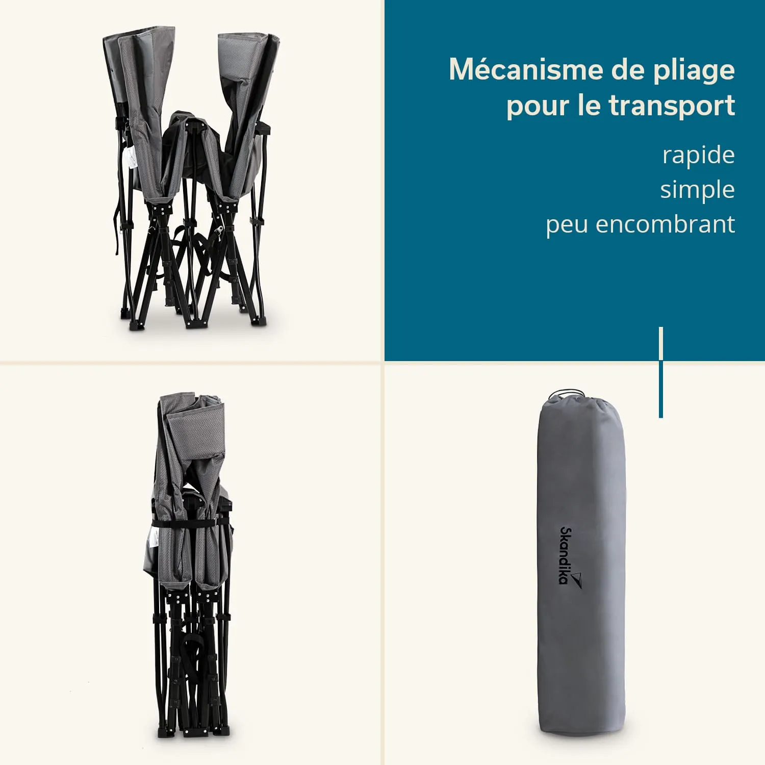 Faltstuhl in verschiedenen Ansichten, grau mit schwarzem Gestell. Rechts eine graue Tragetasche mit Logo.