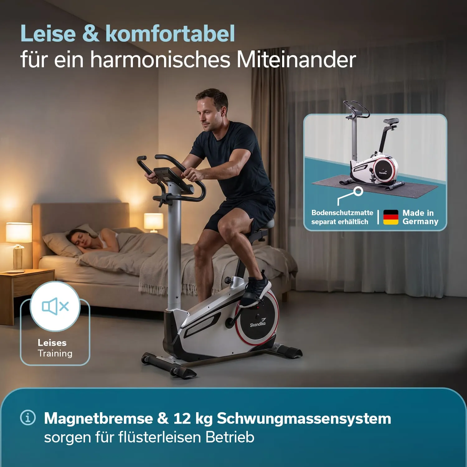 Ein Fahrradergometer steht in einem modernen Wohnraum mit Holzfußboden. Daneben sind drei Merkmale abgebildet: höhenverstellbare Füße, eine Tablet-Halterung und rutschfeste Pedale.