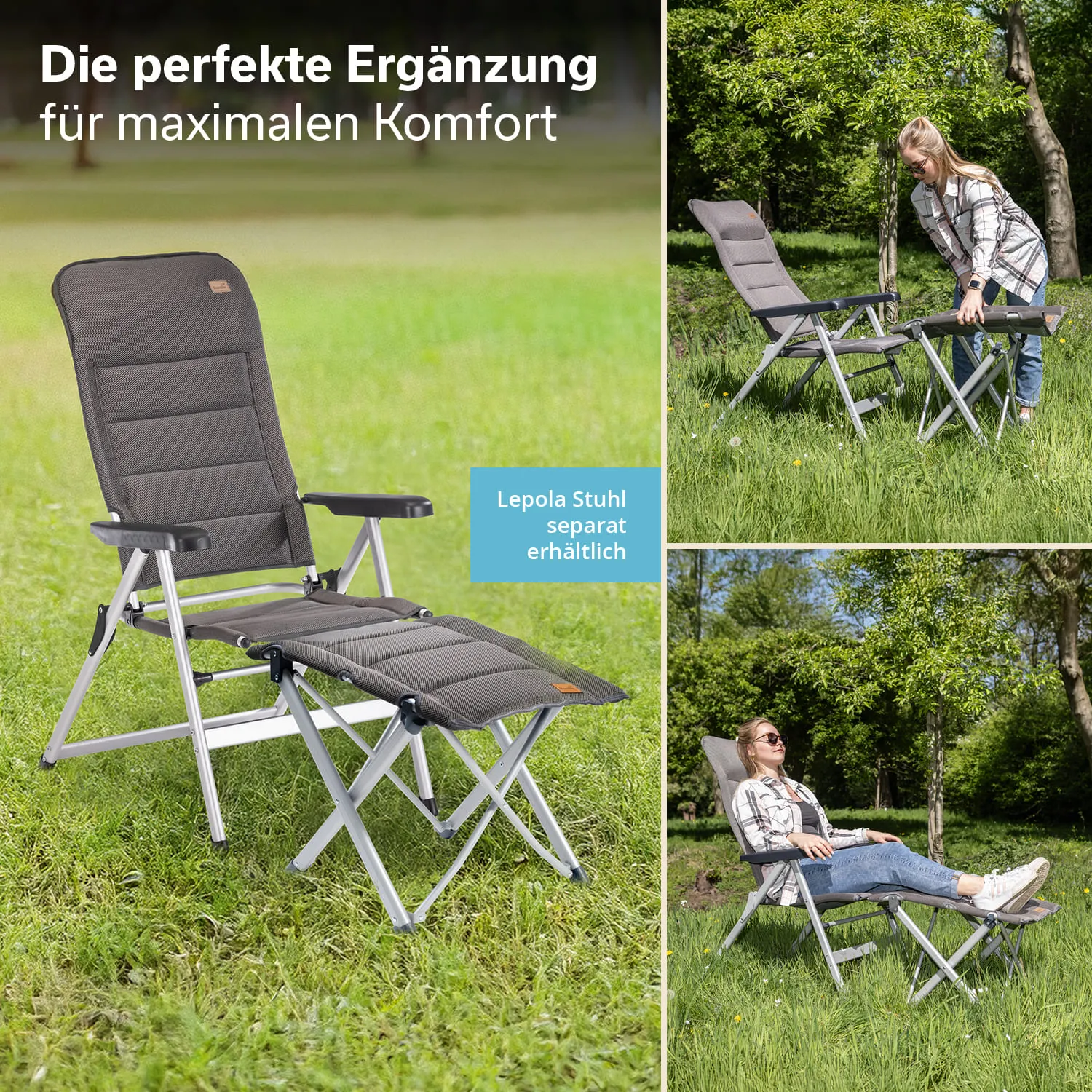 Klappstuhl auf grünem Rasen mit abnehmbarem Fußteil. Person im Hintergrund sitzt entspannt. Baumlandschaft im Bild.