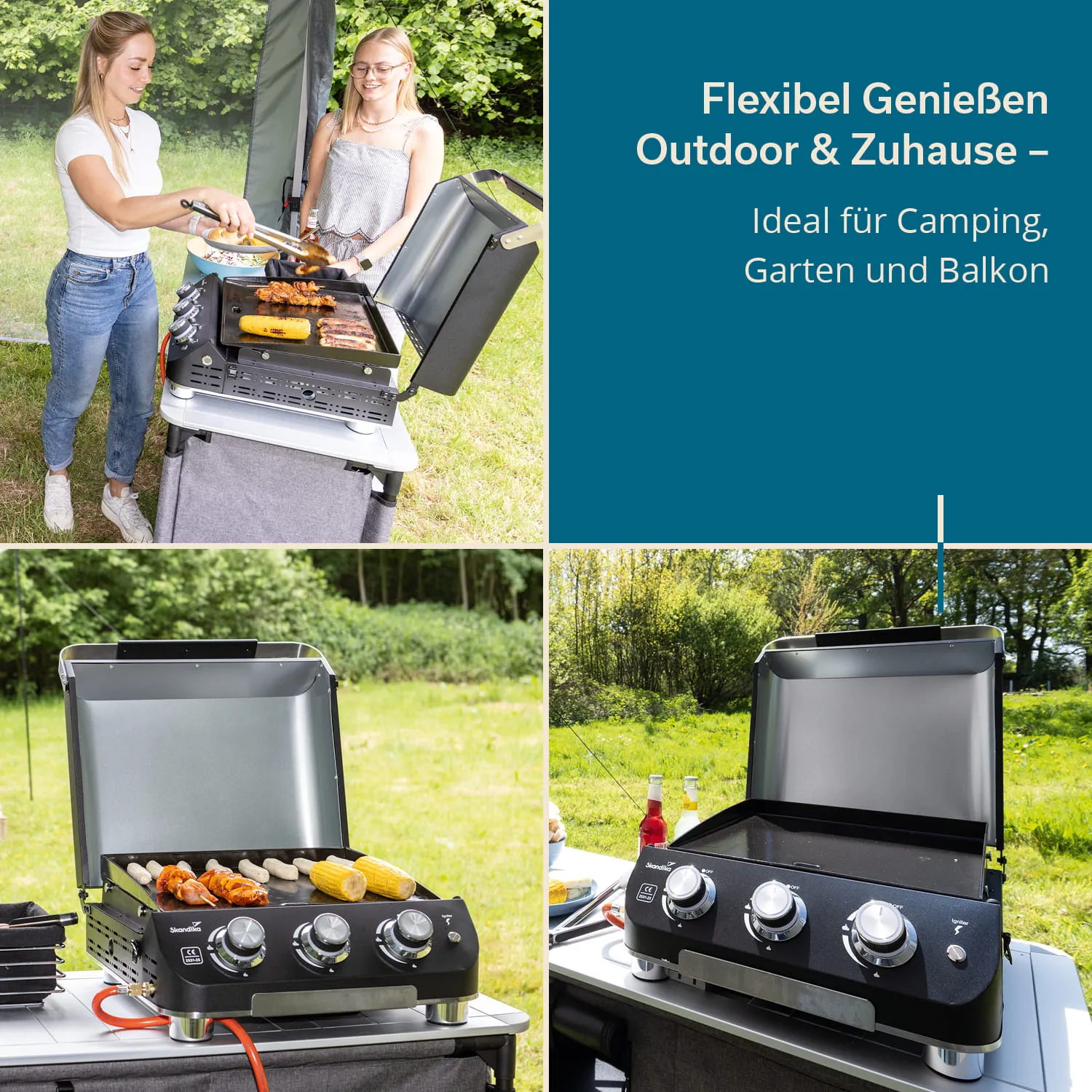 Zwei Personen grillen an einem Gasgrill in einer grünen Umgebung. Der Grill ist geöffnet und enthält Lebensmittel.