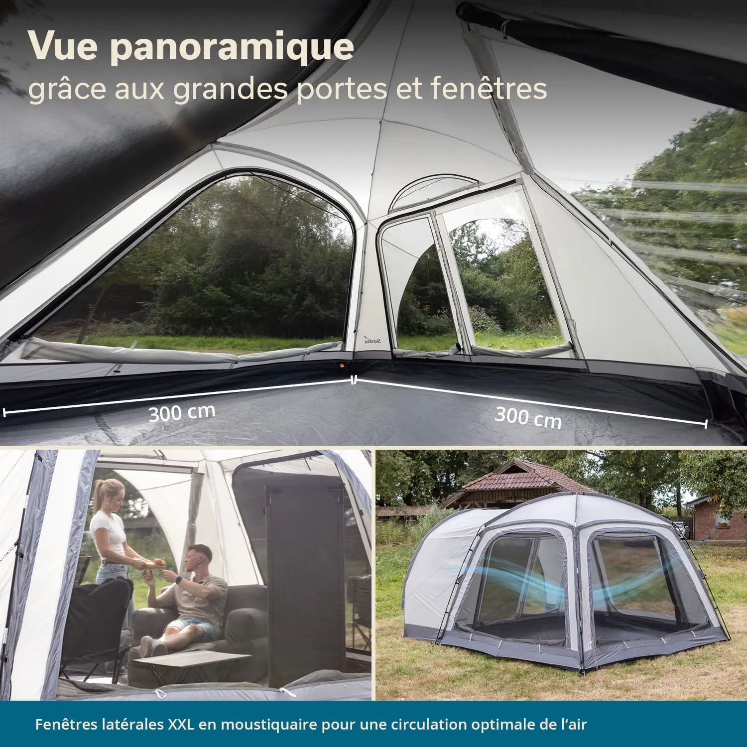 Panoramazelt mit großen Fenstern und Türen. Innenansicht mit zwei Personen auf einer Couch. Außenansicht des Zeltes im Freien.
