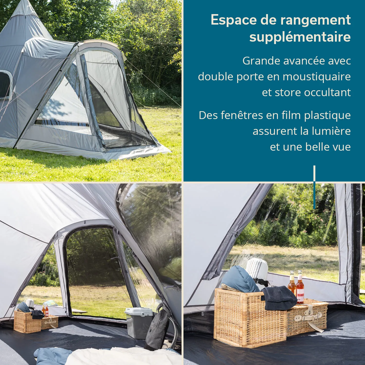 Zelt mit großer Veranda, doppelter Moskitotür und Abdeckung. Innenbereich mit Fenstern, Korb und Getränken.