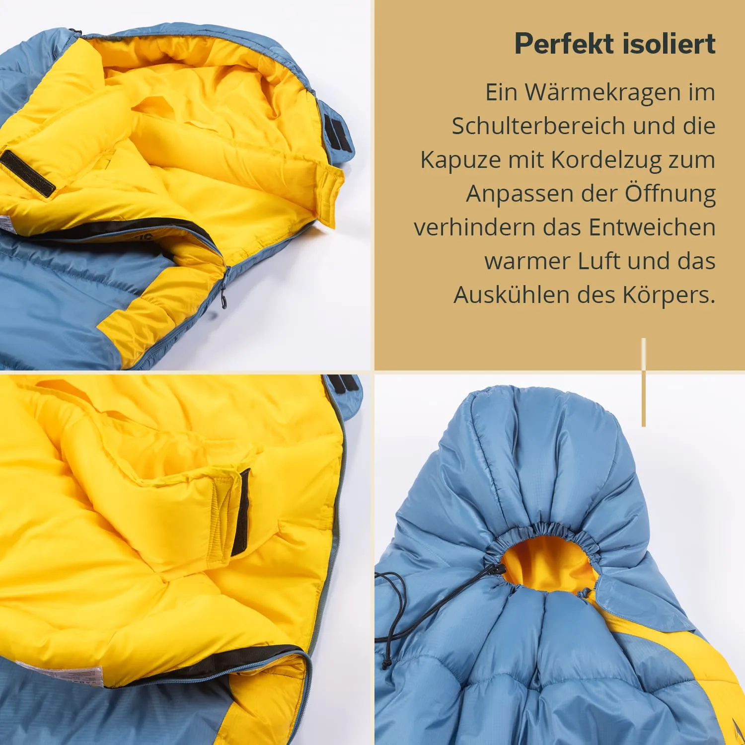 Isolierte Jacke in Blau und Gelb mit Innenfutter. Sichtbar sind Kragen und Kapuze mit Kordelzug.