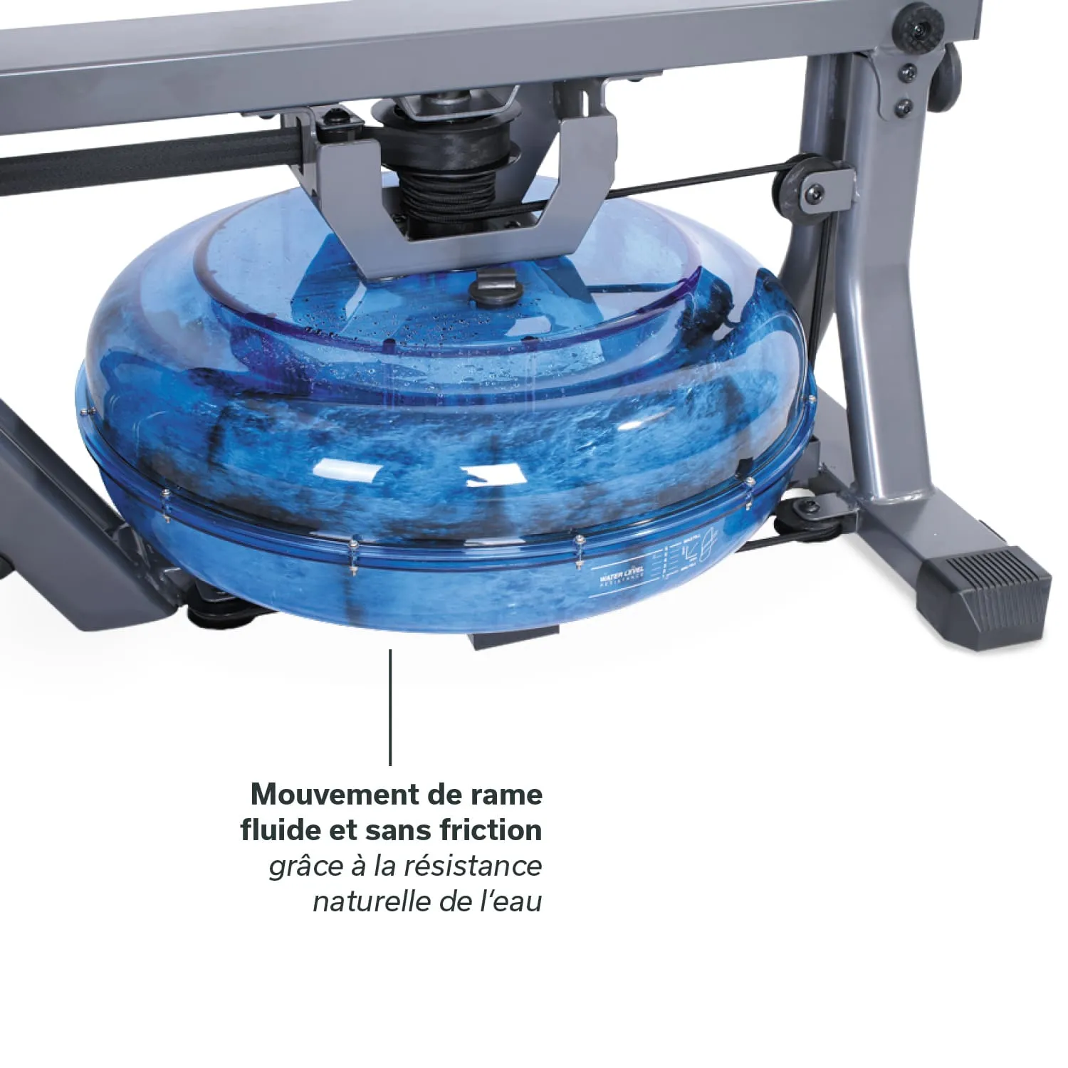 Wasserrudergerät mit transparentem Wassertank und grauem Gestell. Beschriftung zum reibungslosen Bewegungsverlauf.