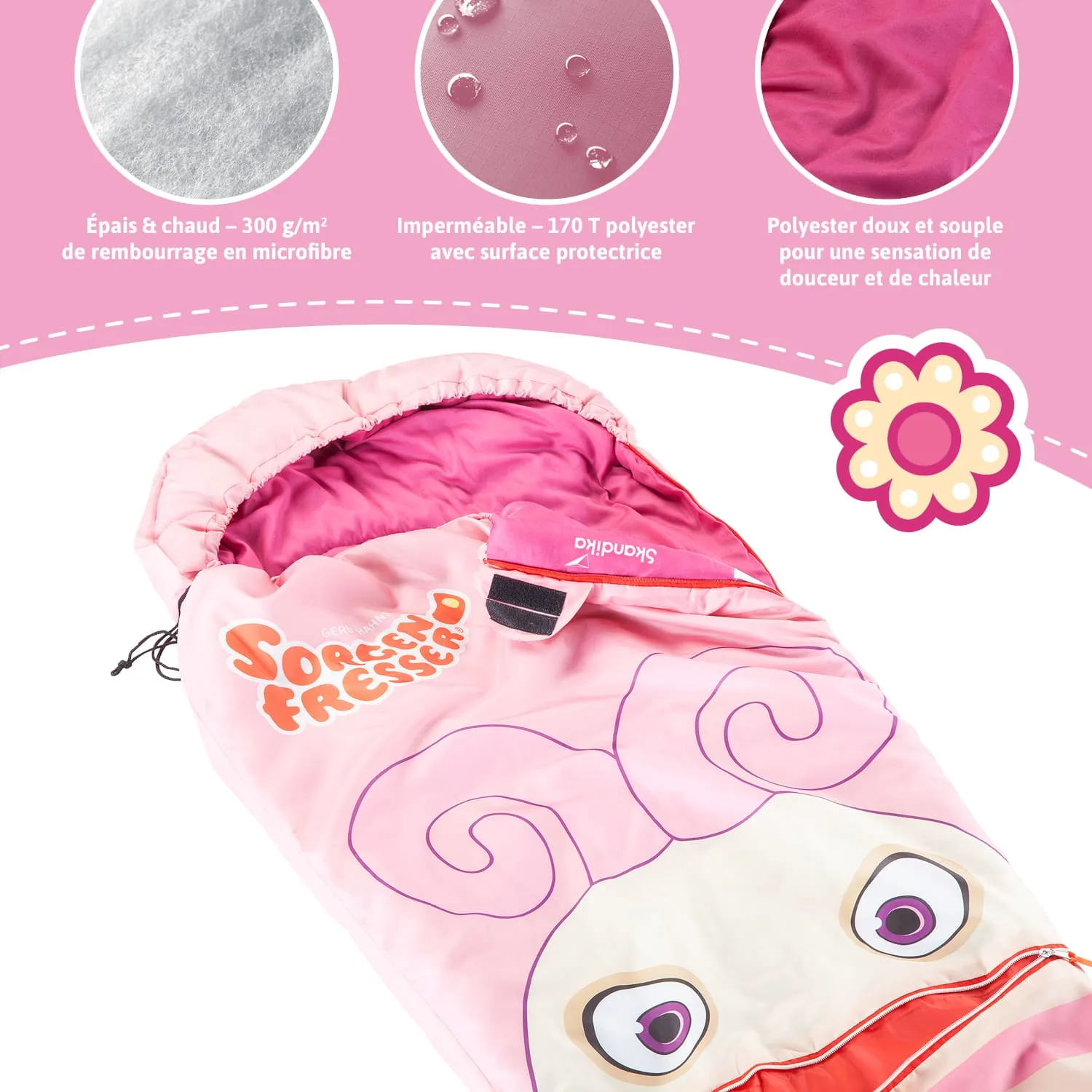 Schlafsack in Pink mit einem Gesichtsmotiv und geschwungenen Linien. Text und Symbole zu Materialien und Eigenschaften.