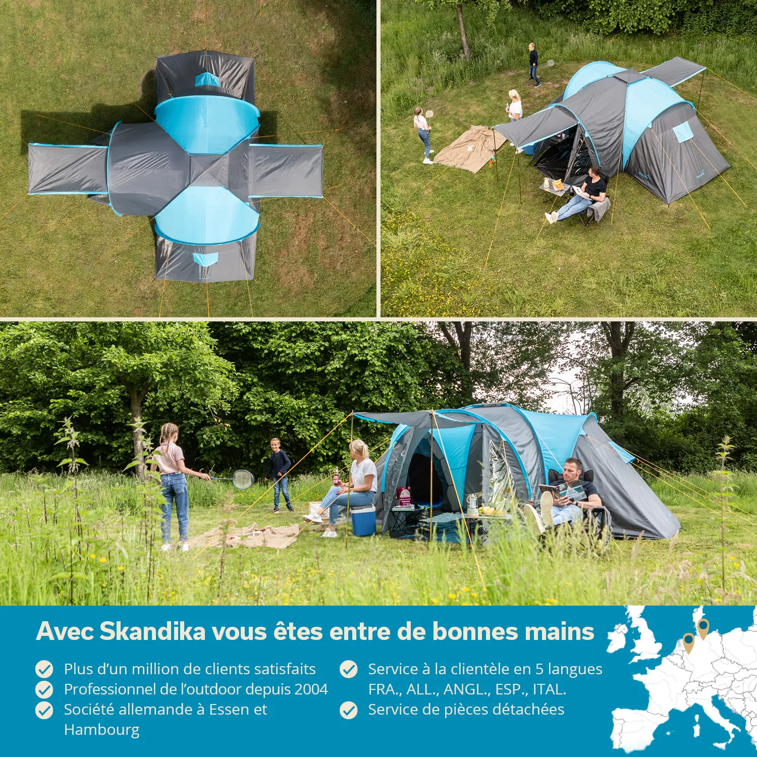Zelt mit grau-blauem Design auf einer Wiese, umgeben von Bäumen. Personen nutzen das Zelt. Nahaufnahmen von Details.