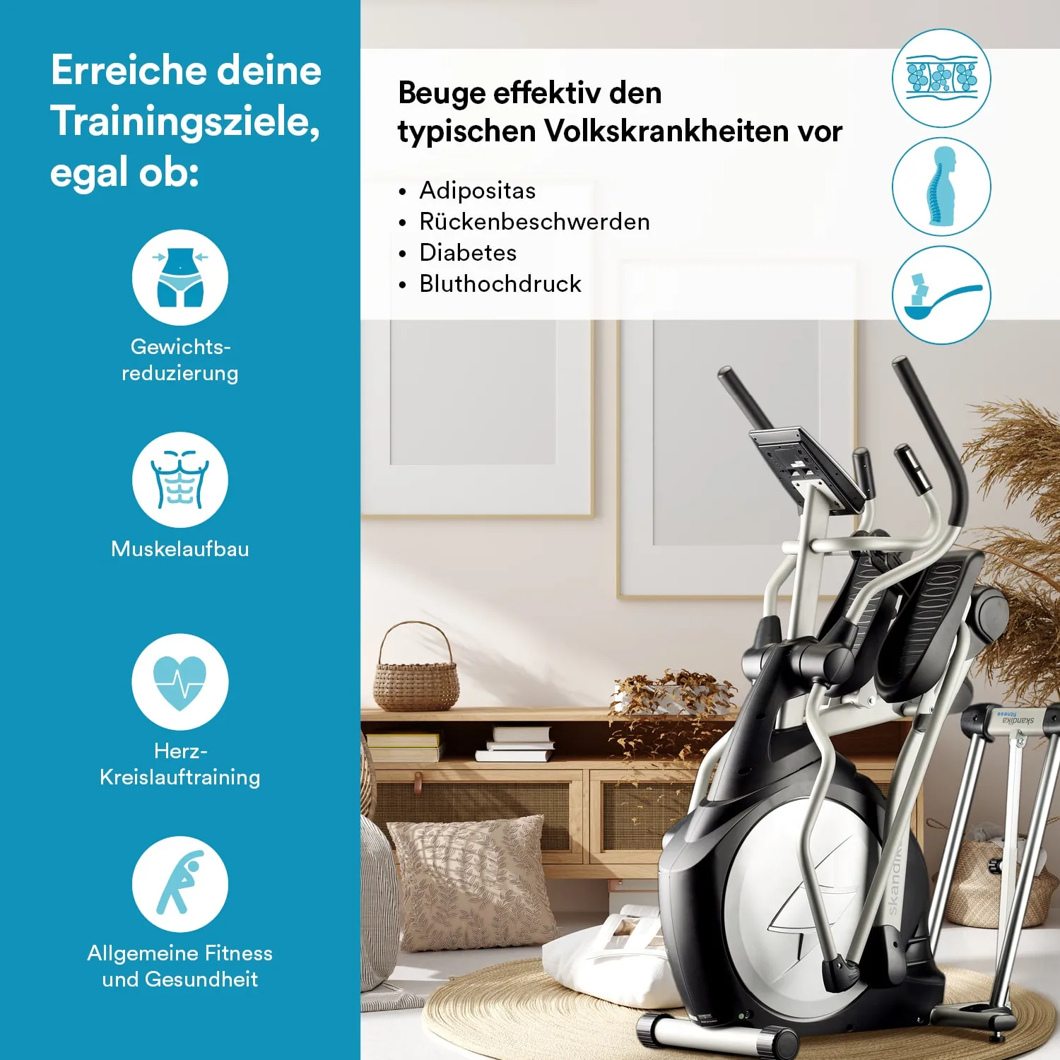 Ein Ellipsentrainer steht in einem modernen Raum mit hellem Holz, Kissen und einer Pflanze. Text zu Fitnesszielen an der Wand.