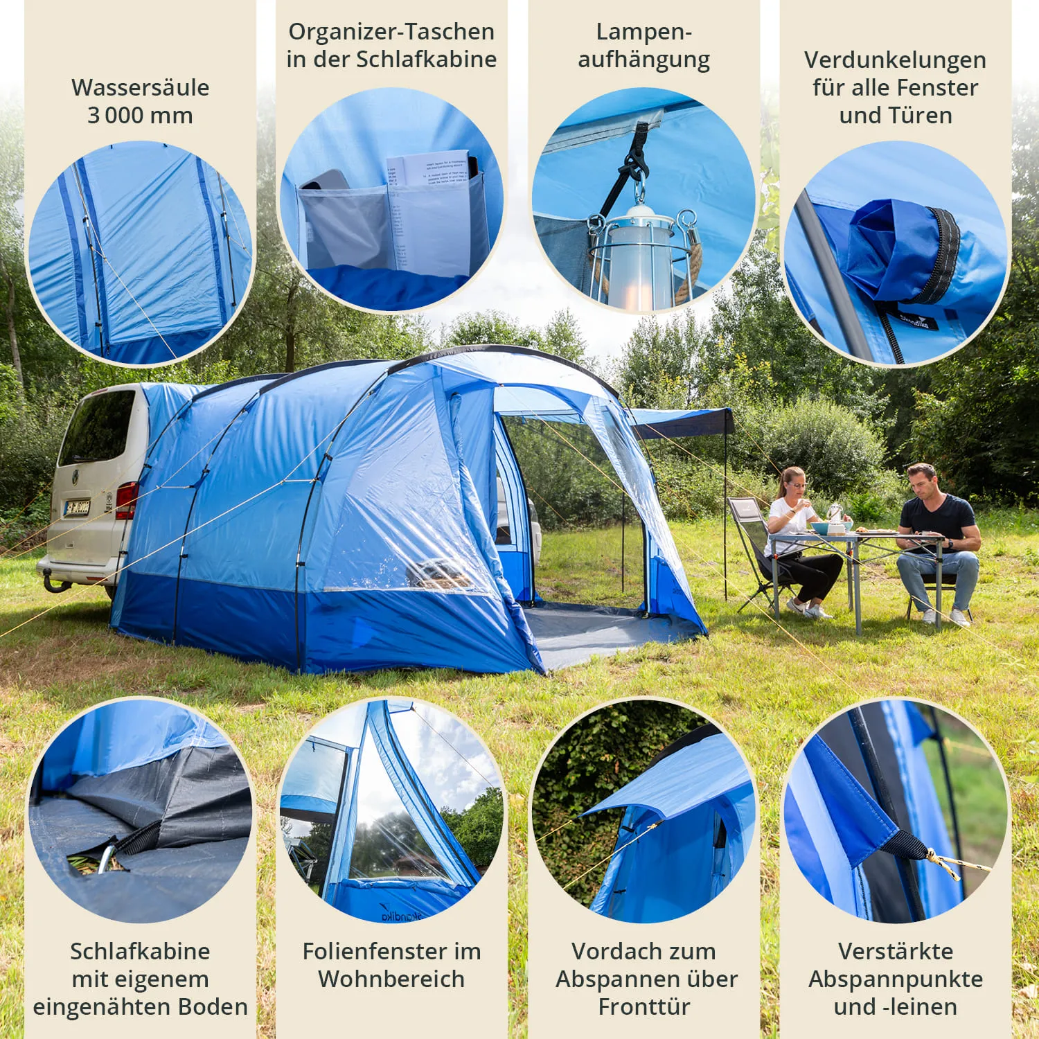 Blaues Zelt auf einer Wiese mit einem Wohnmobil im Hintergrund. Zwei Personen sitzen am Tisch und essen. Verschiedene Details des Zeltes sind hervorgehoben.
