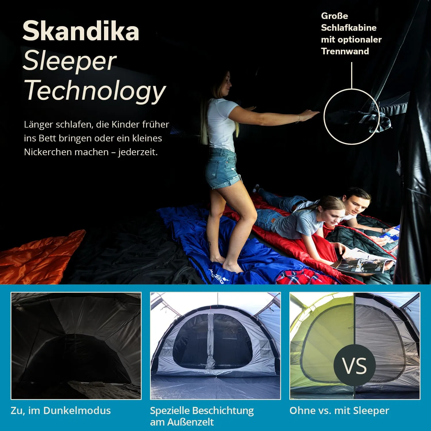 Schlafkabine mit Personen auf Schlafsäcken in verschiedenen Farben. Links auf einem schwarzen Hintergrund steht "Skandika Sleeper Technology". Unten sind Bilder zur Darstellung des Schlafkabinen-Designs.