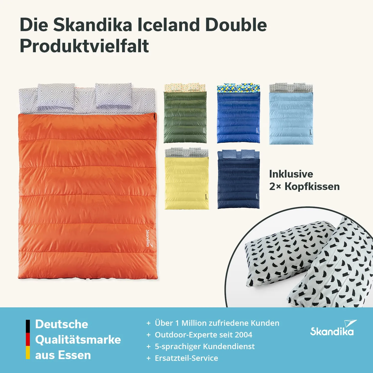Mehrere Schlafsäcke in verschiedenen Farben sind abgebildet. Ein orangener Schlafsack ist im Vordergrund. Dazu gibt es zwei Kopfkissen mit einem geometrischen Muster. Informationen zu Skandika und deren Kundenservice sind im unteren Bereich aufgeführt.