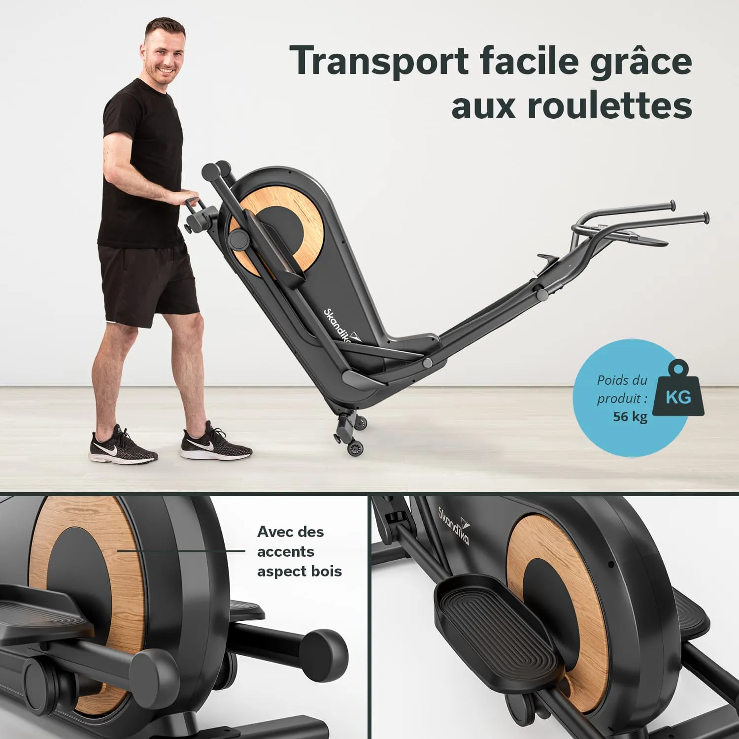 Mann trägt ein Fitnessgerät mit Holz-Elementen und Rollen. Im Hintergrund ist ein neutraler Raum zu sehen.