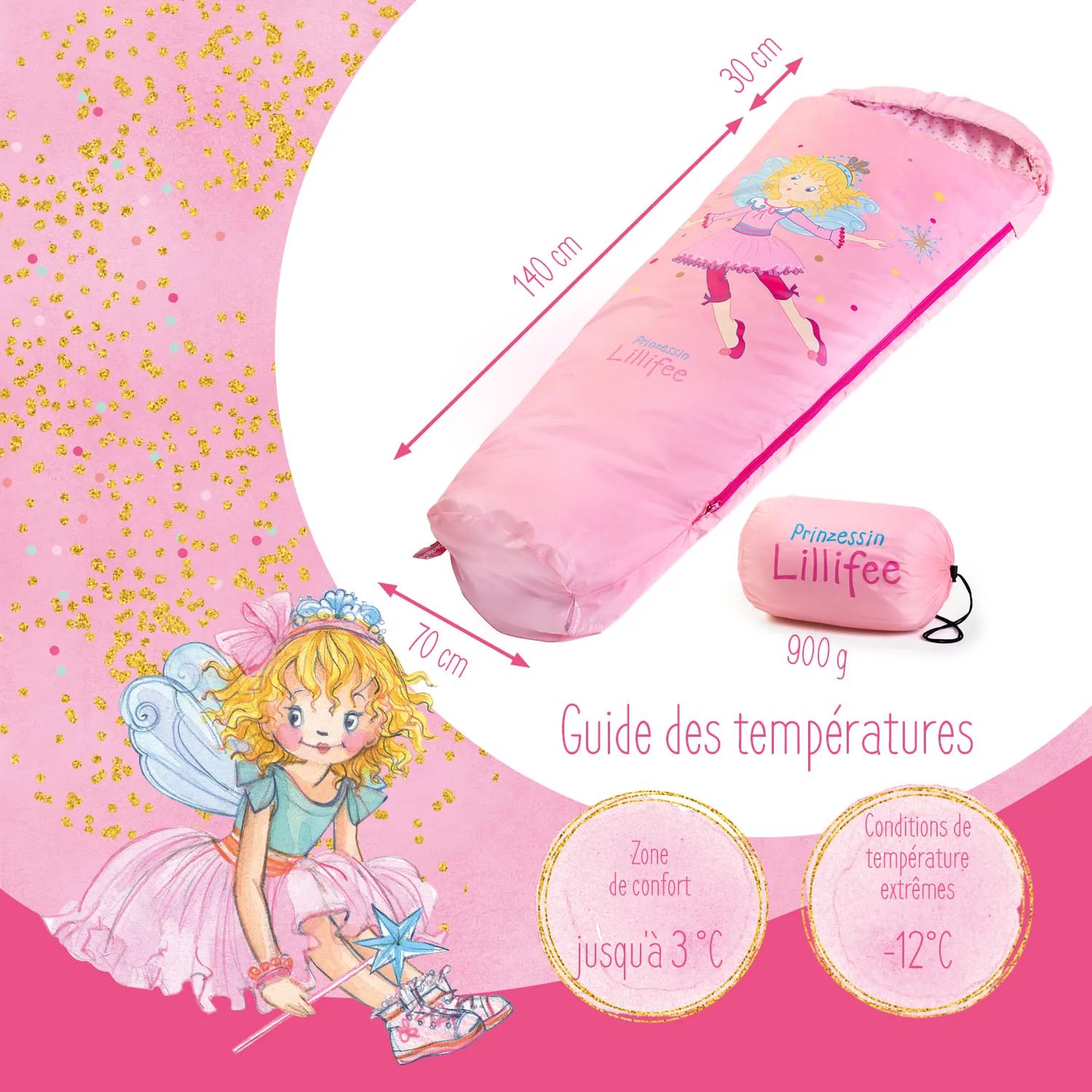 Schlafsack in Rosa mit Print einer Prinzessin. Maße: 140 cm lang, 30 cm breit. Neben Schlafsack ein kleiner Verpackungsbeutel.