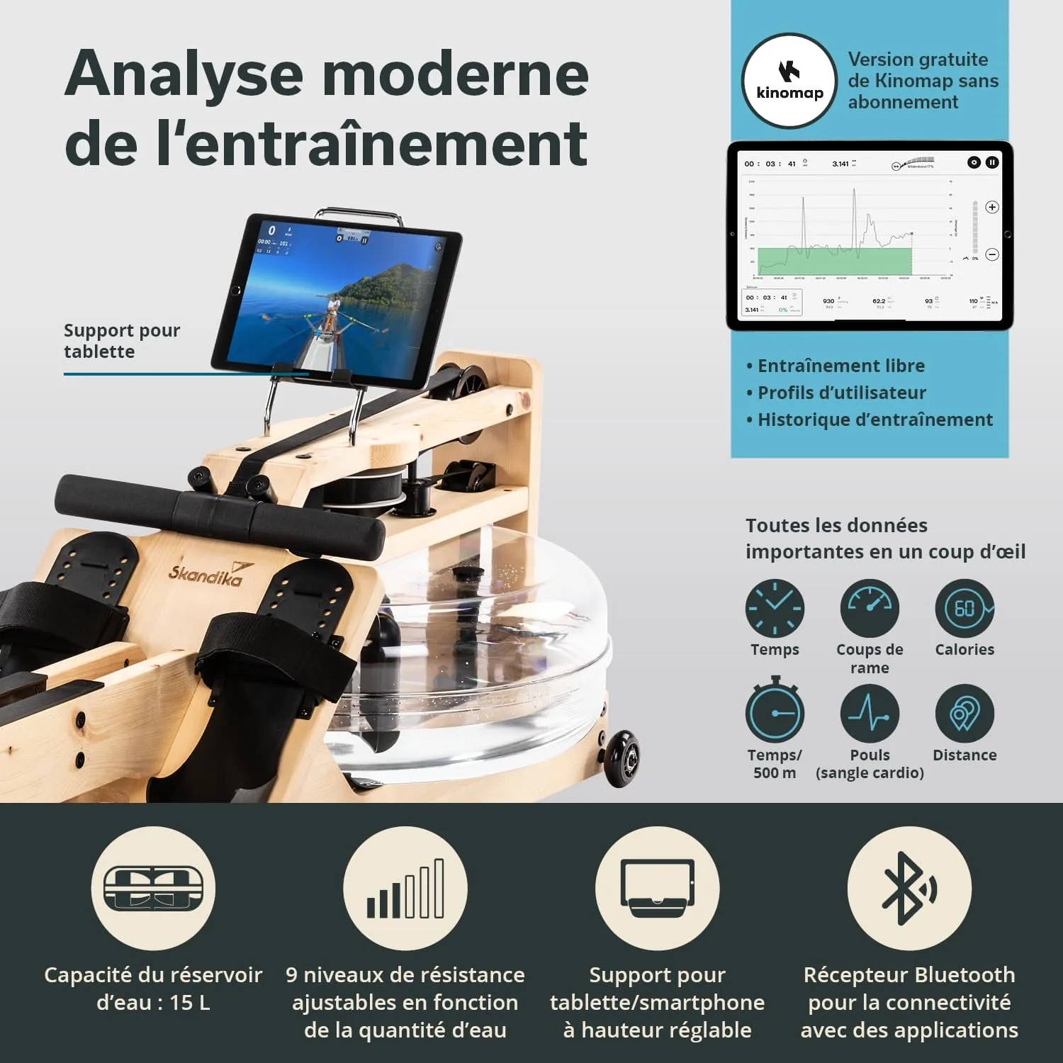 Wassertretgerät mit einer Holzstruktur, einer transparenten Wasserwanne und einer Tablet-Halterung. Grafiken und Texte informieren über Trainingsanalysen.