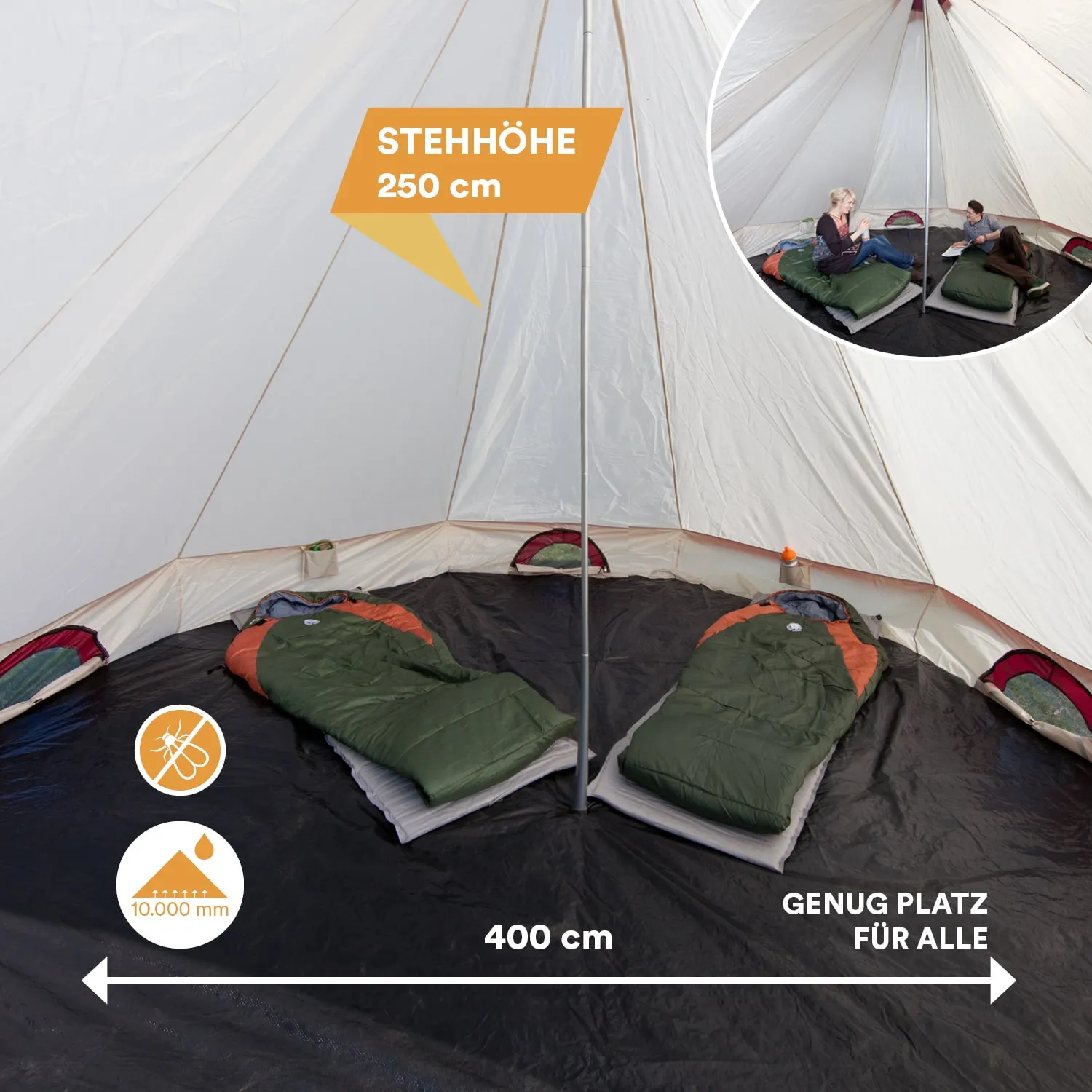 Zelt mit einem Innenraum, zwei Schlafsäcken auf Isomatten, hoher Stehhöhe von 250 cm, Platz für mehrere Personen.