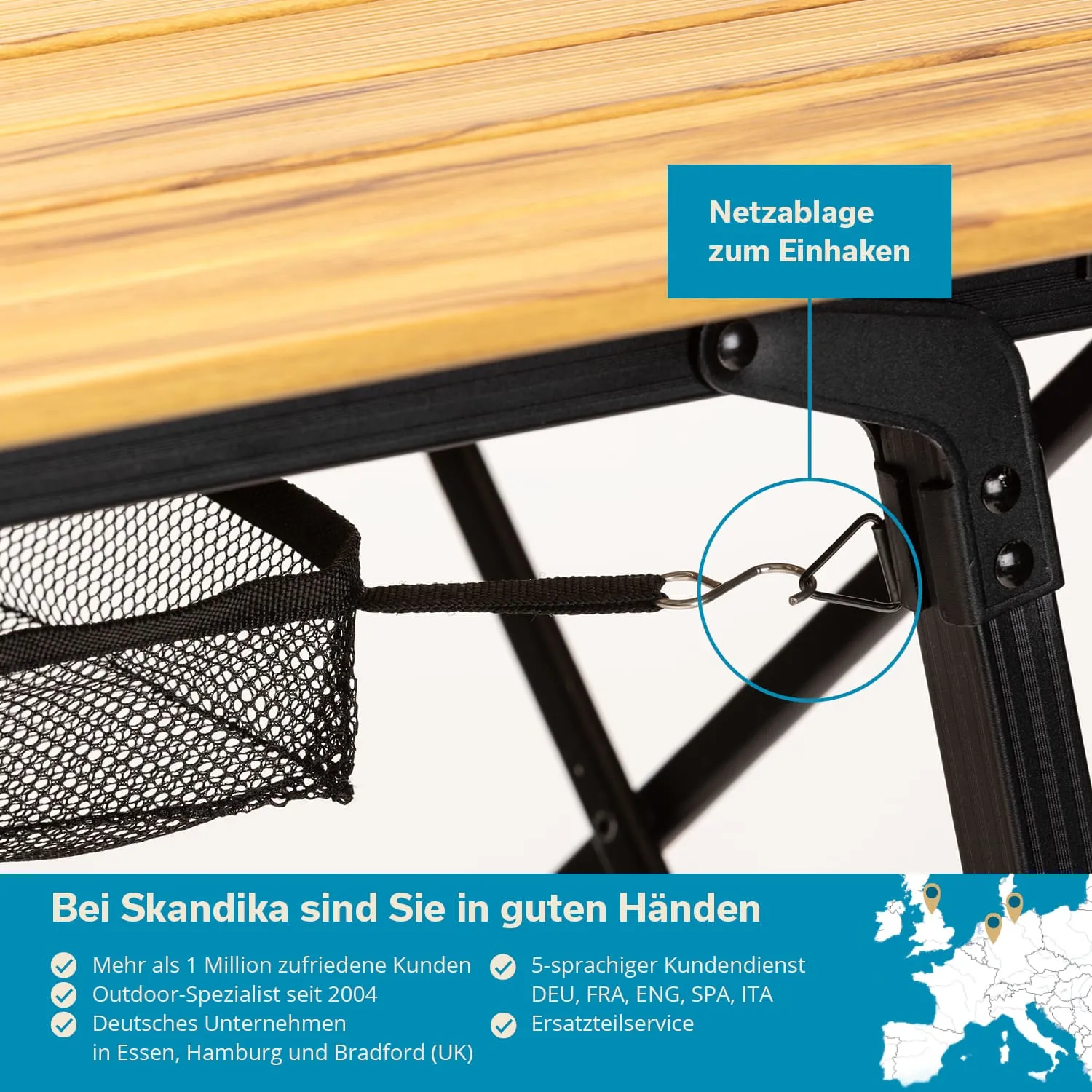 Tischkante aus Holz mit einer Netztasche, die an einem schwarzen Tischgestell befestigt ist. Text und Logos am Bildrand.