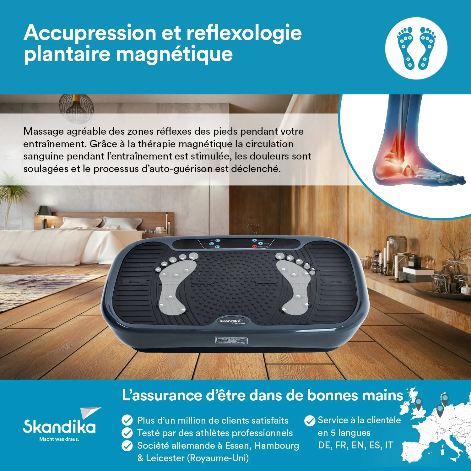 Massagegerät für Fußreflexzonen mit einer abgebildeten Bedienoberfläche. Holzfußboden und moderner Wohnraum im Hintergrund.