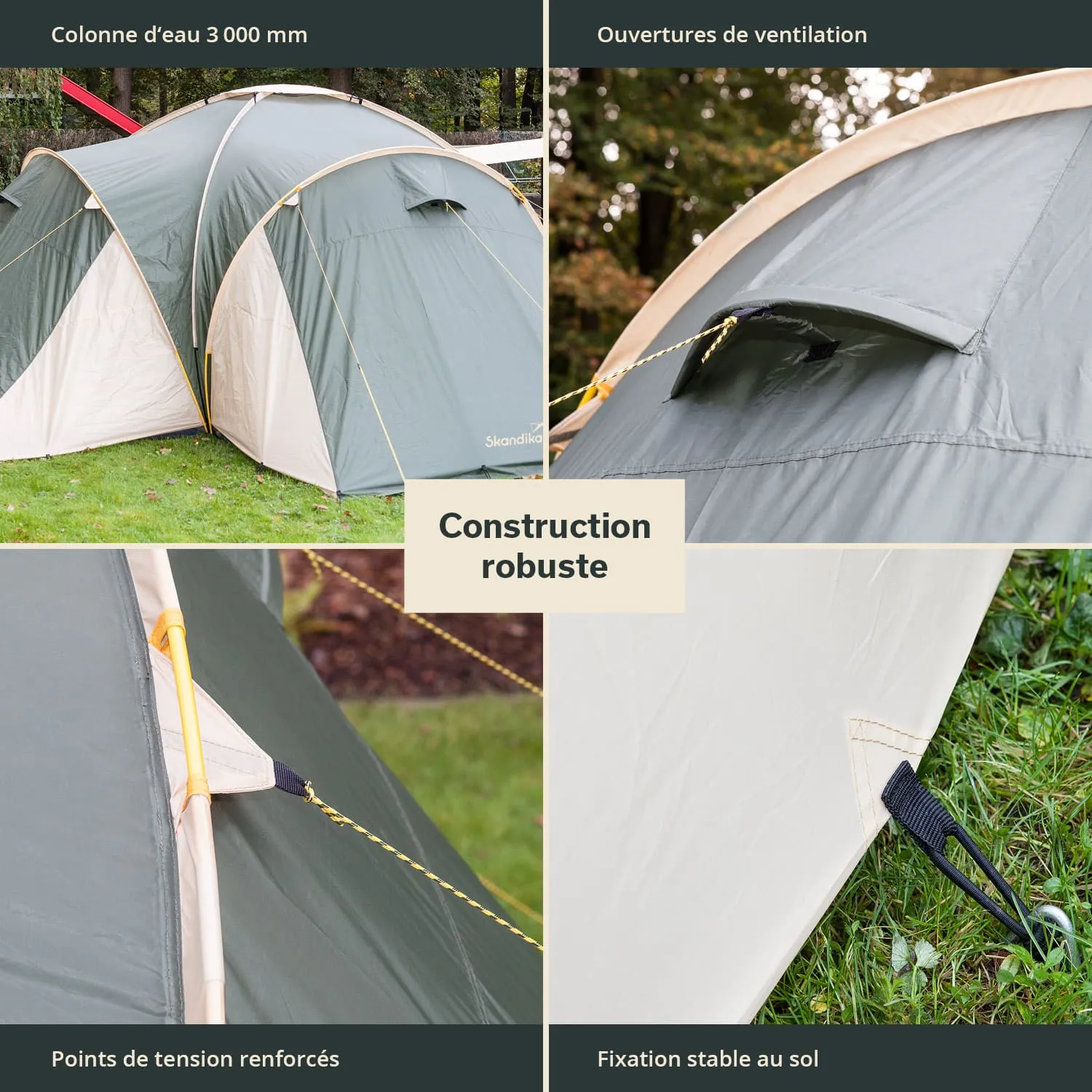 Zelt mit grauer und beige Abdeckung in einem Wald. Details wie Belüftungsöffnungen, Spannpunkte und Bodenbefestigung.