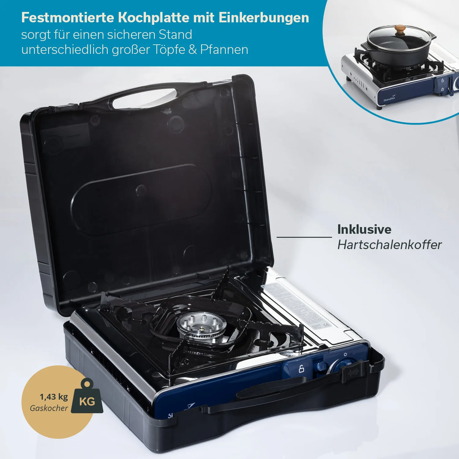 Tragbare Gaskochplatte in einem Hartschalenkoffer, offen mit einem Topf und Ringen zur Befestigung von Töpfen.