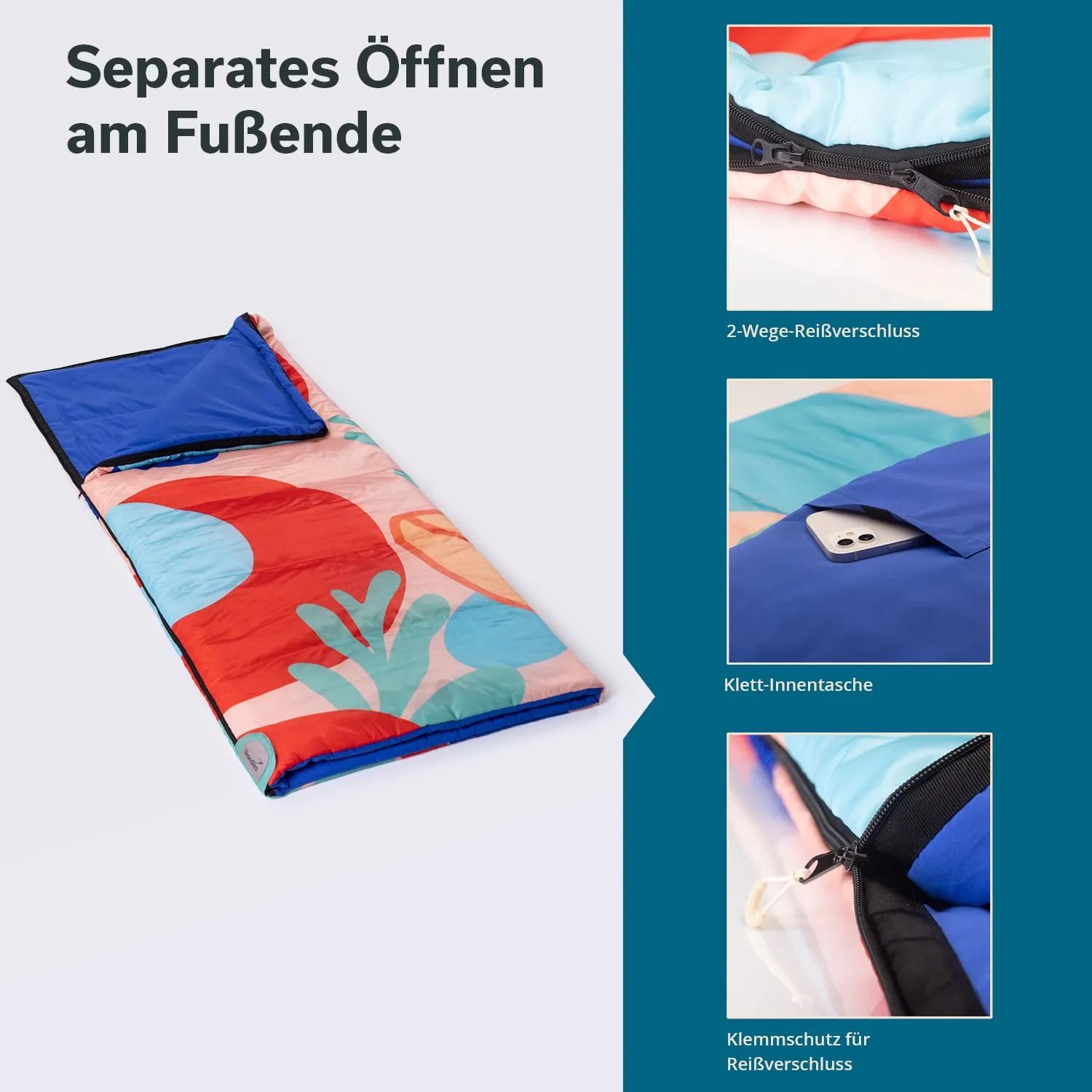 Schlafsack mit buntem Muster in Rot, Blau und Grün. Bilder rechts zeigen Innentasche mit Klettverschluss und Klemmschutz für Reißverschluss.