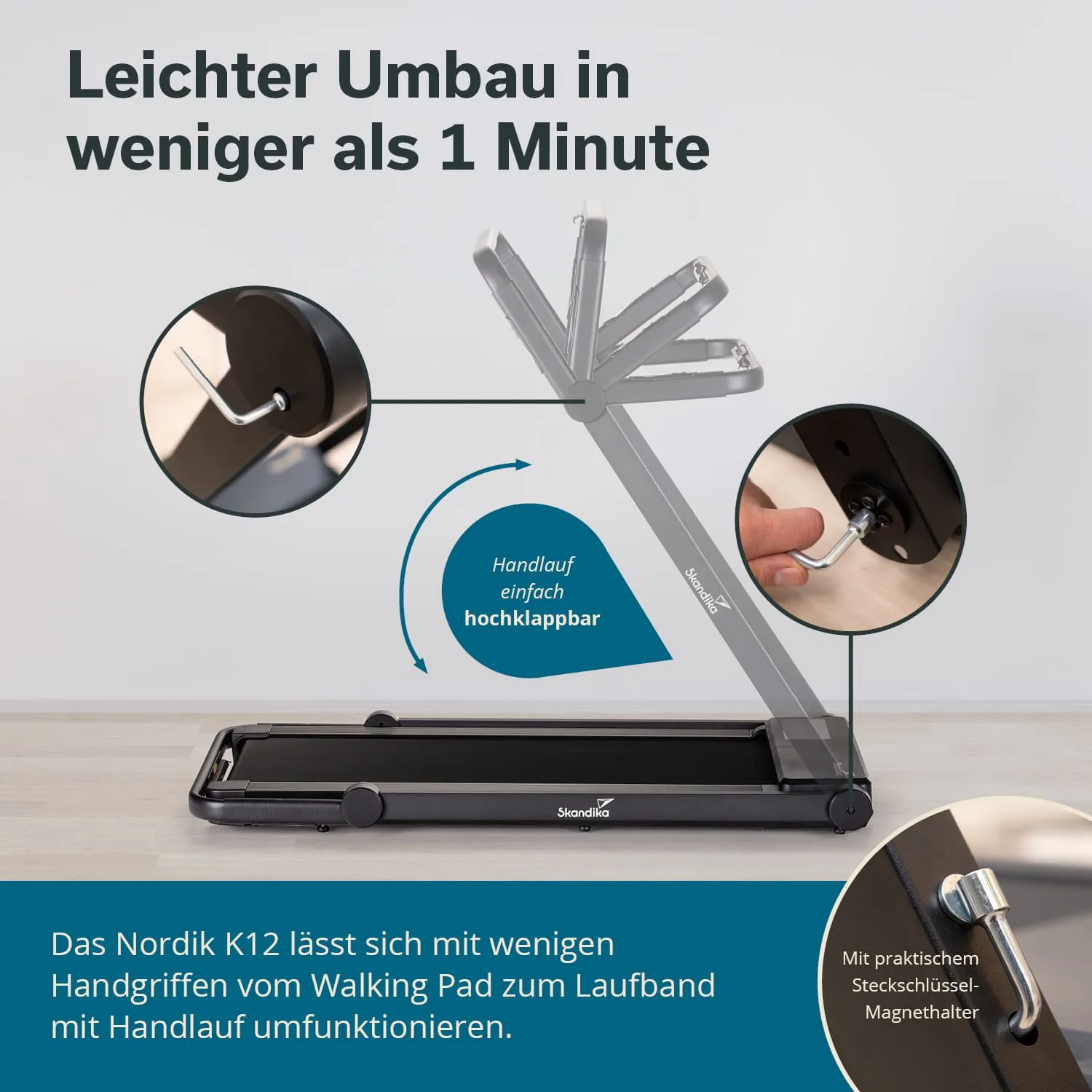 Nordik K12 Fitnessgerät mit hochklappbarem Handlauf, bedrucktem Text und Illustrationen zur Nutzungserklärung.