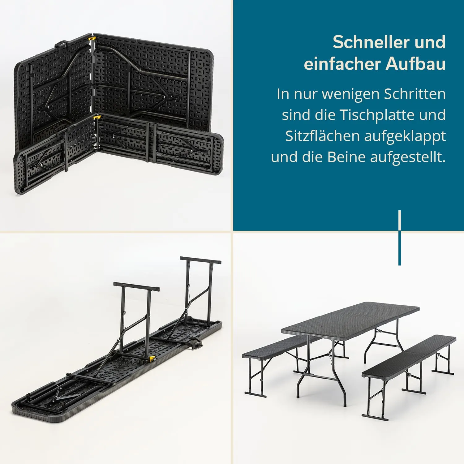 Faltbarer Tisch und Bänke, dargestellt in drei Phasen: zusammengeklappt, im Aufbau und vollständig aufgestellt.