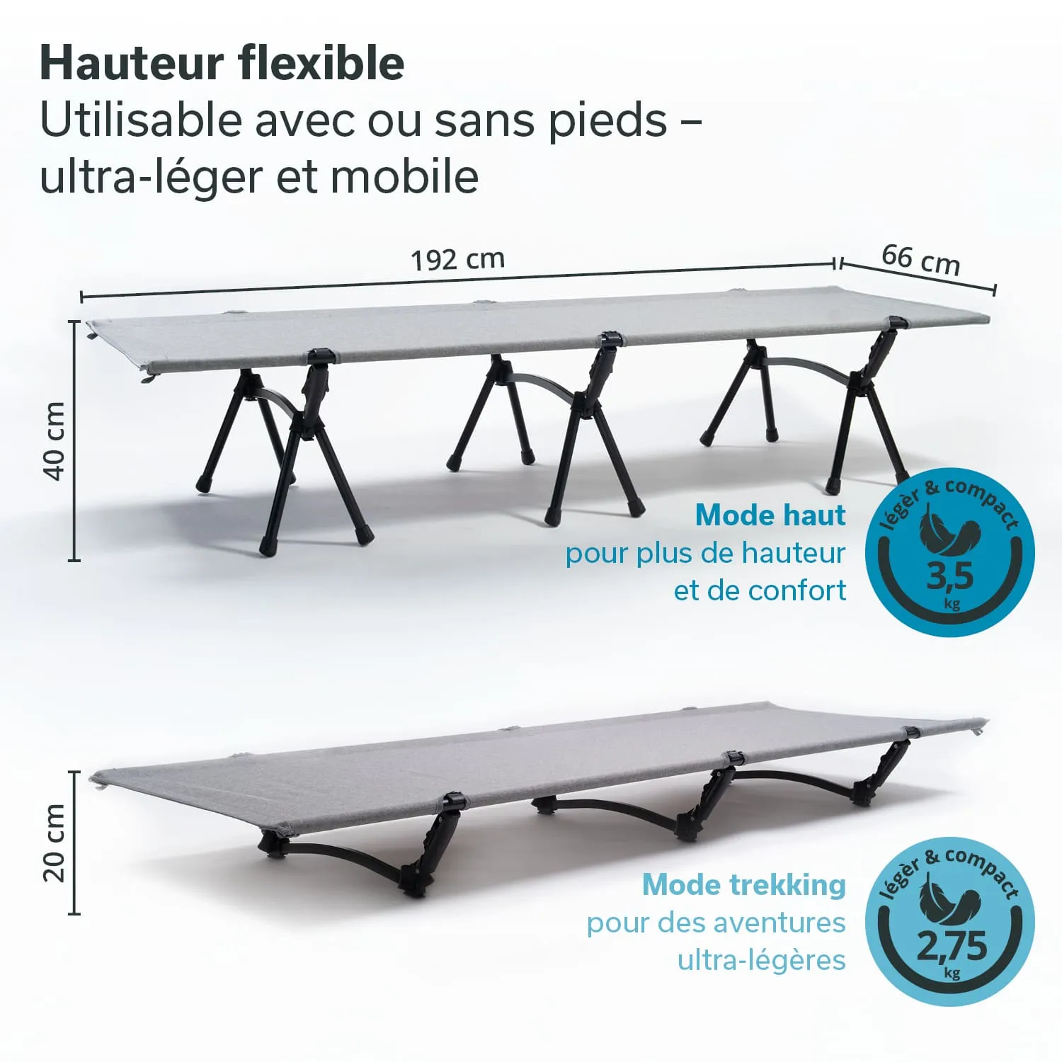 Faltbett mit flexibler Höhe und zwei Einstellmodi. Abmessungen: 192 cm länglich, 66 cm breit, 40 cm hoch im hohen Modus.