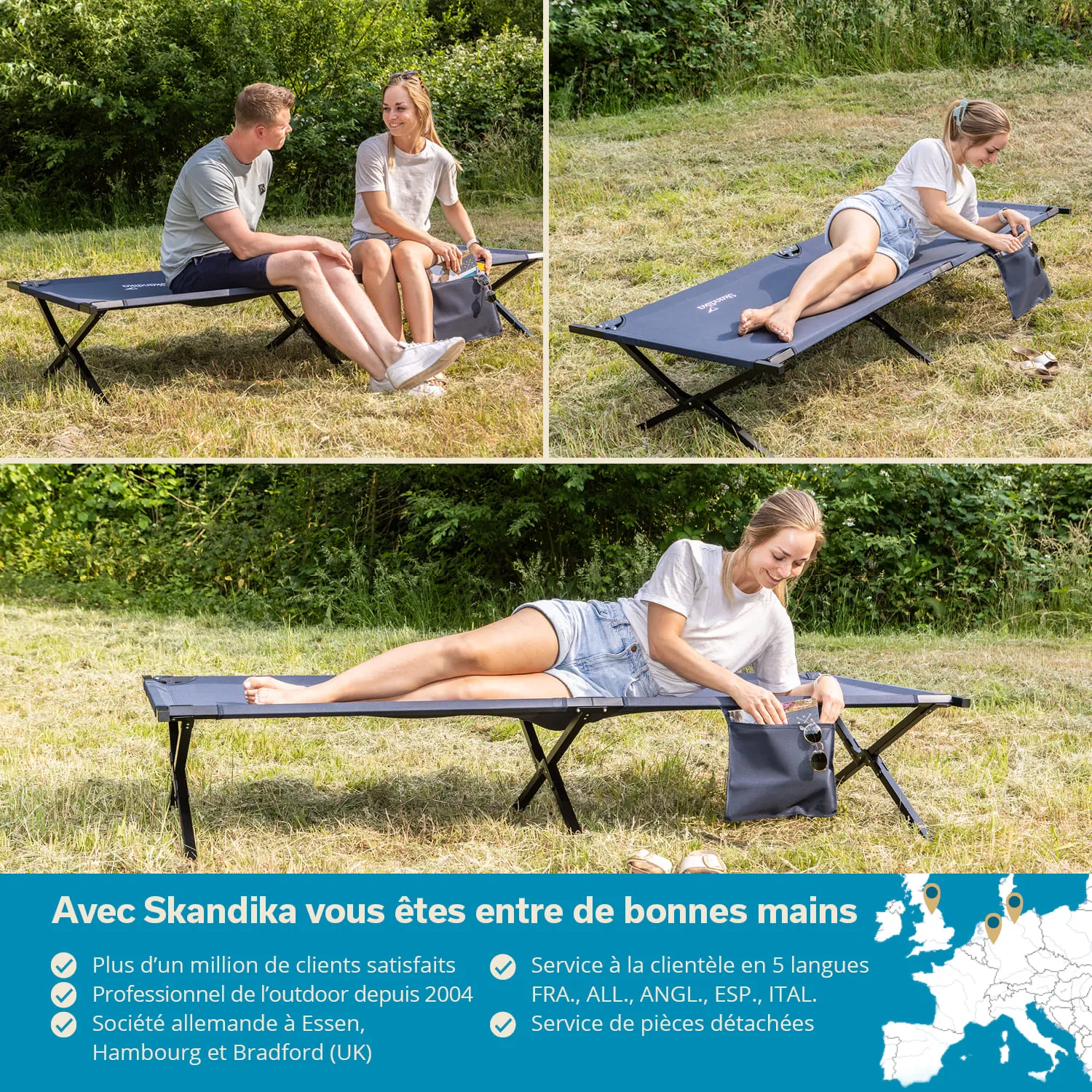 Das Bild zeigt eine Liege im Freien, auf der eine Person sitzt und eine andere Person liegt. Beide tragen legere Kleidung. Es sind grüne Wiesen und Bäume im Hintergrund zu sehen.