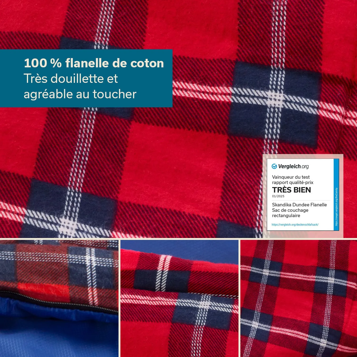Rote und blaue Flanelloberfläche mit Karomuster. Textinformationen über Material und Qualität. Detailansichten zeigen Muster.