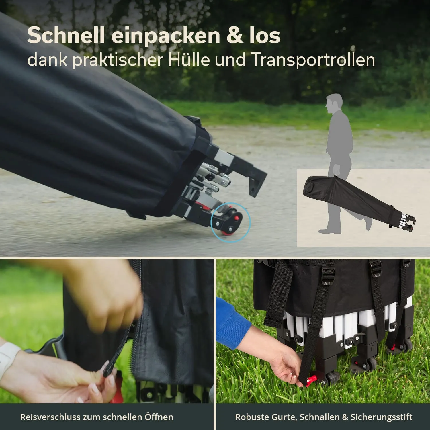 Praktische Hülle mit Transportrollen, Reisverschluss und Gurten zum einfachen Tragen und Öffnen eines Produkts.