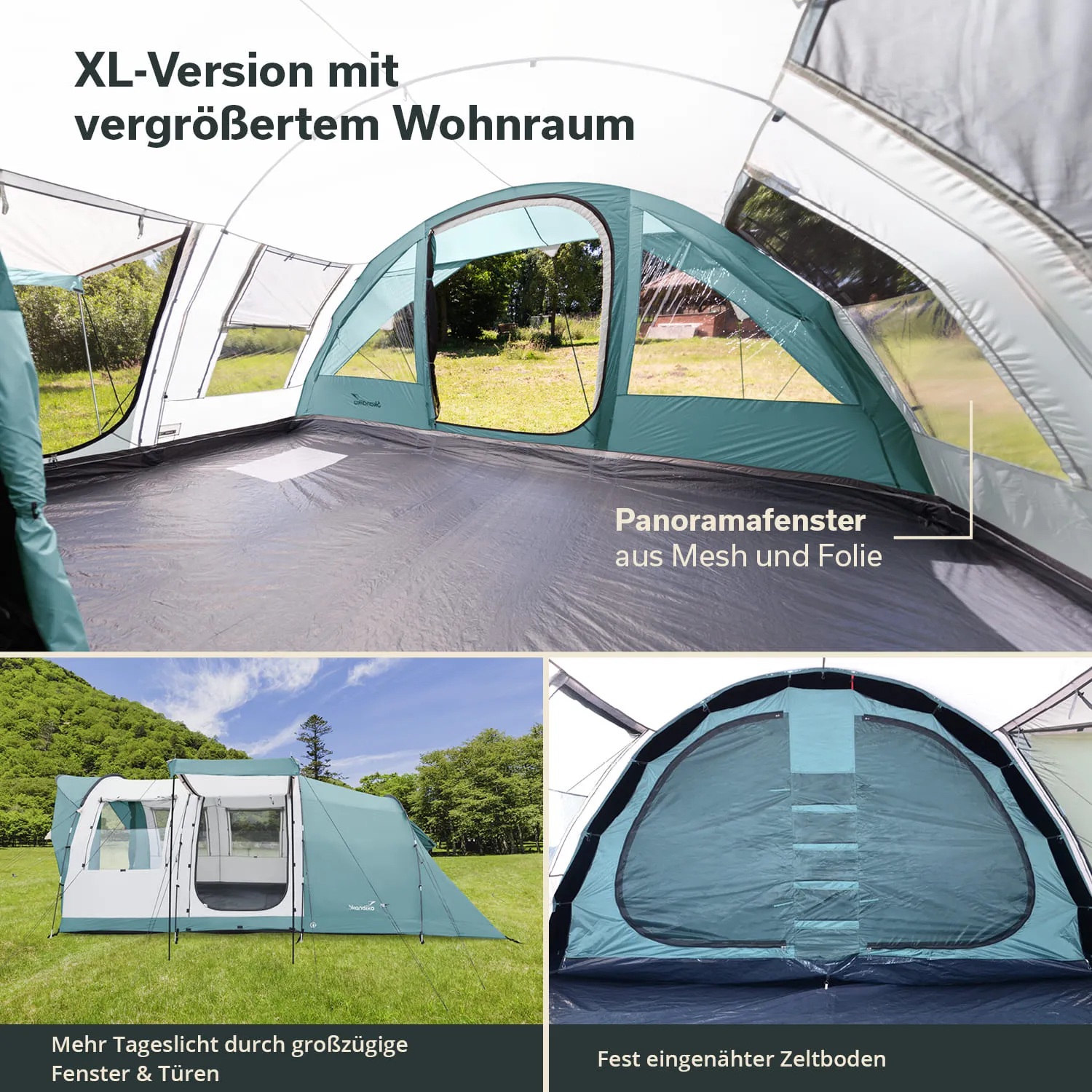 Zelt im Innenraum mit großem Wohnbereich und Panoramafenstern. Außenansicht des Zeltes mit großzügigen Fenstern und Türen.