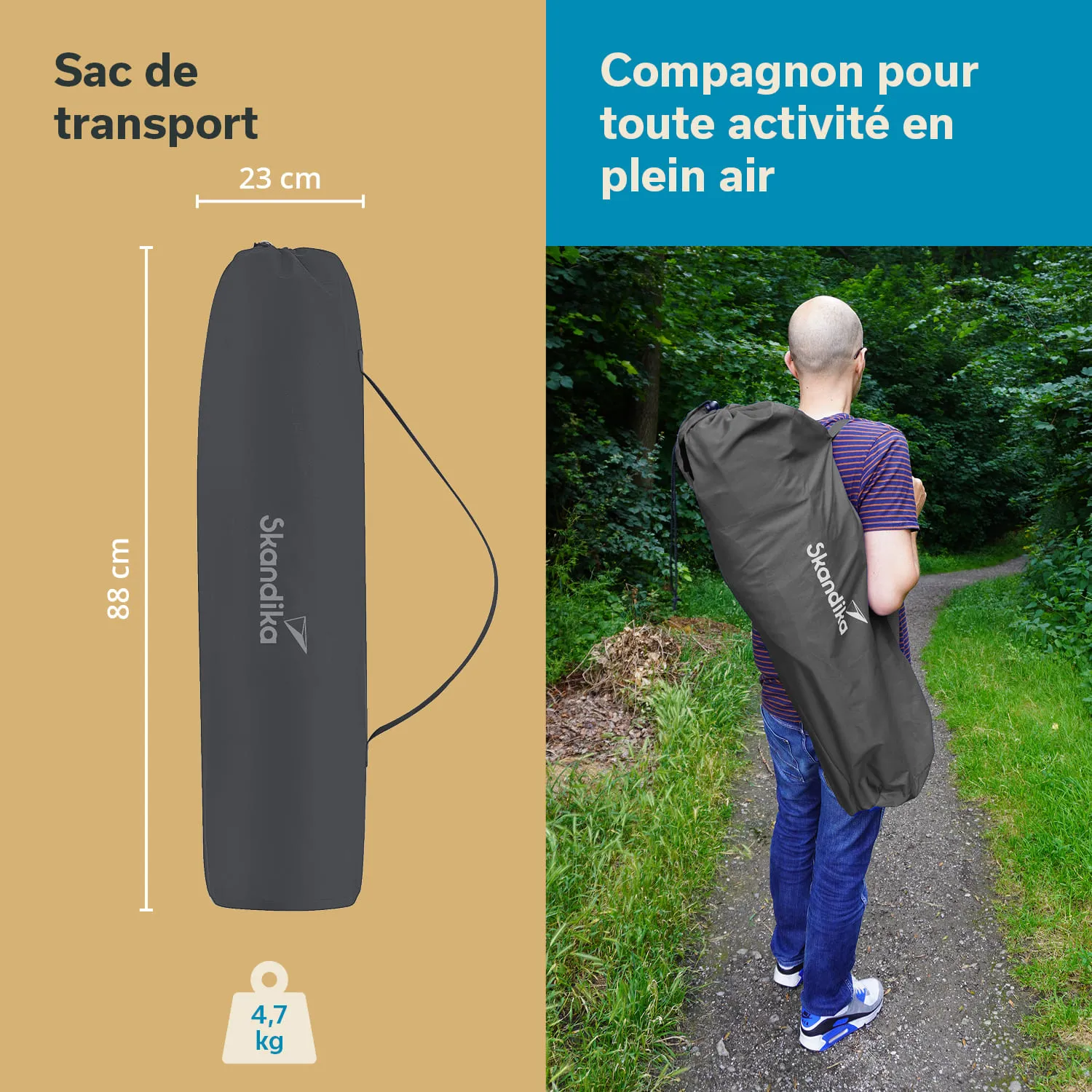 Schwarzer Transportbeutel mit einem Gewicht von 4,7 kg und einer Größe von 88 cm x 23 cm. Person trägt ihn auf einem Waldweg.