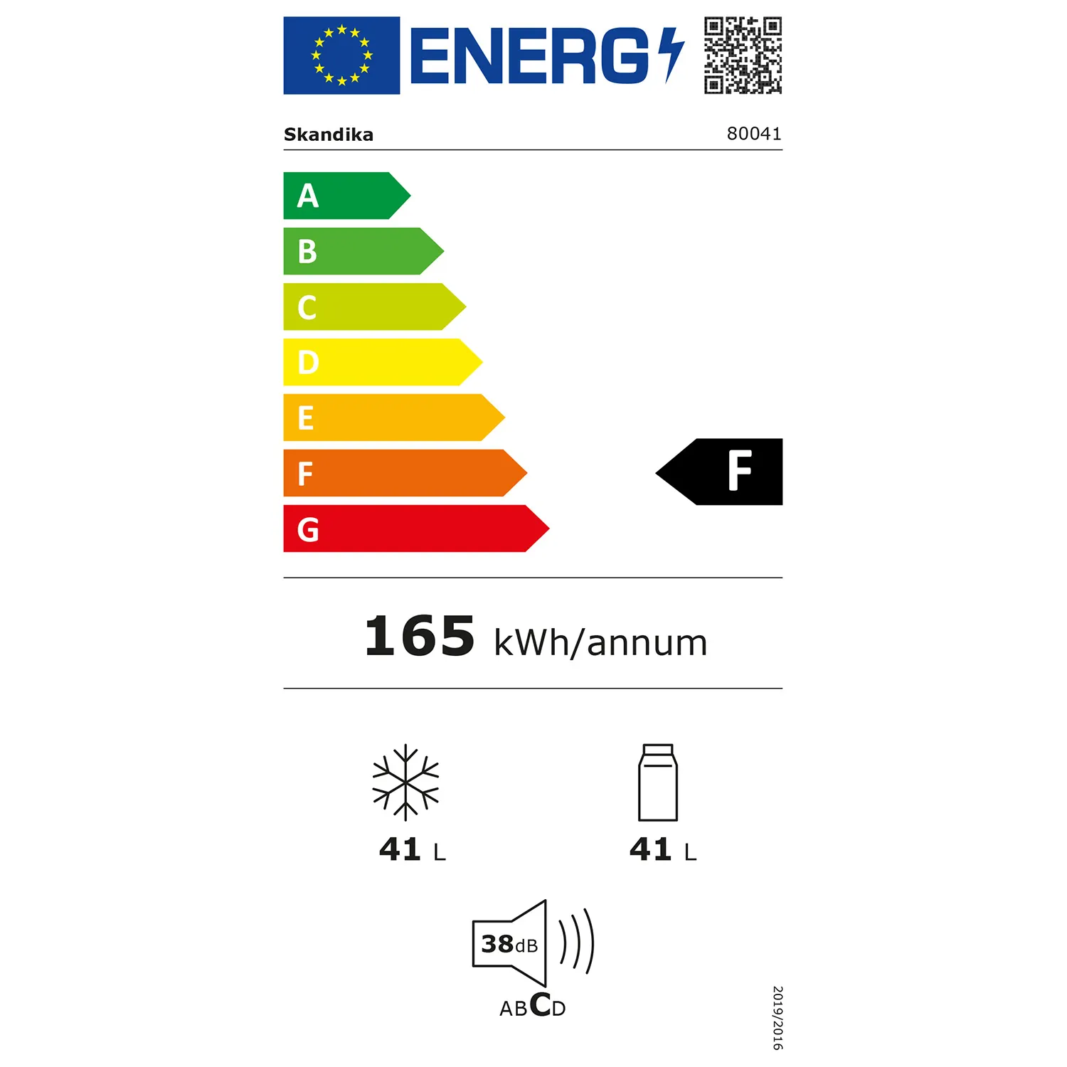 Energieeffizienzlabel mit Einstufung F, Jahresverbrauch 165 kWh, 41 L Kühl- und Gefrierkapazität, Geräuschpegel 38 dB.