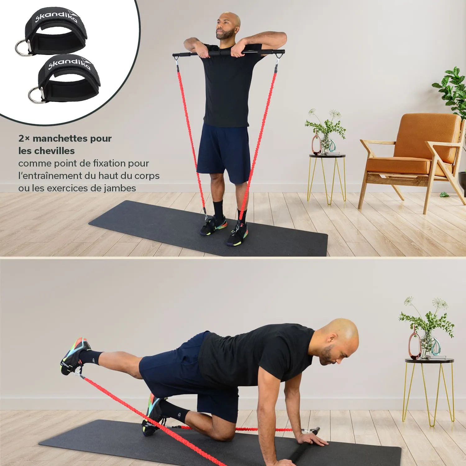 Mann in Sportkleidung nutzt Widerstandsbänder. Oben steht er mit den Bändern, unten ist er in einer Vierfüßlerposition. Yogamatte und Möbel im Hintergrund.
