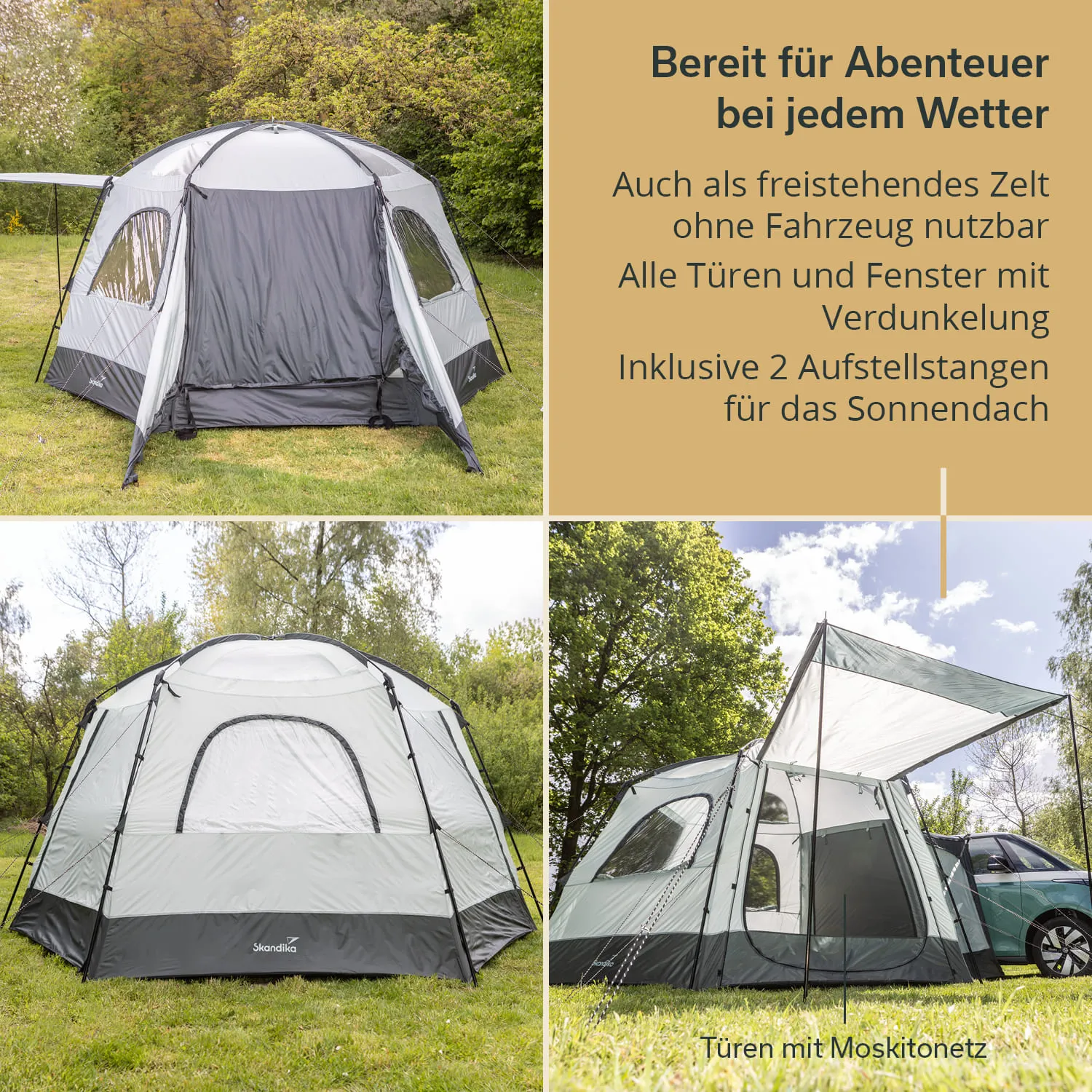 Zelt in grauer und heller Farbgebung auf einer Wiese, umgeben von Bäumen. Zwei Ansichten des Zeltes, Sonnenpavillon.