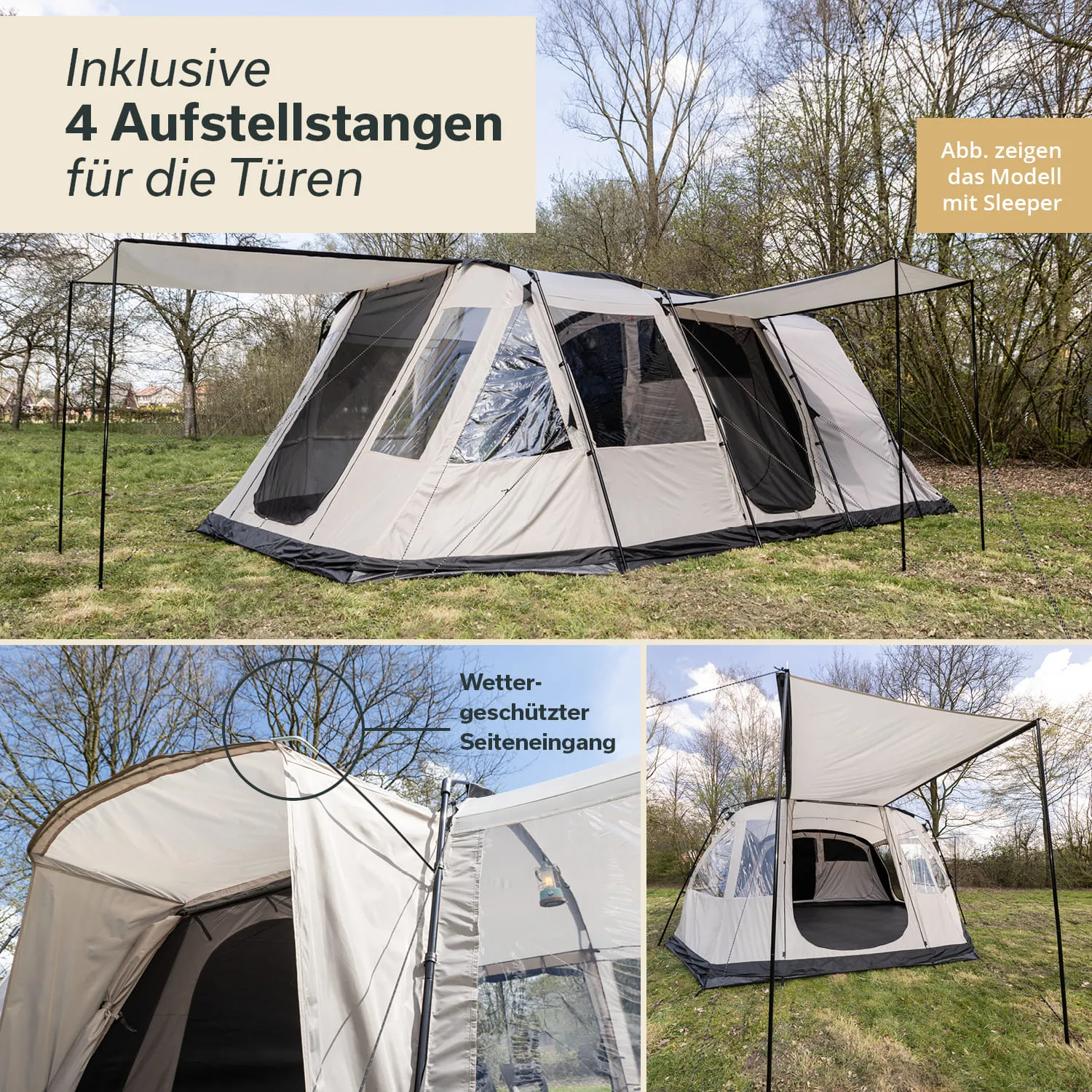 Zelt in hellen Farben auf einer Wiese, umgeben von Bäumen. Aufstellstangen und überdachter Eingang sind sichtbar.