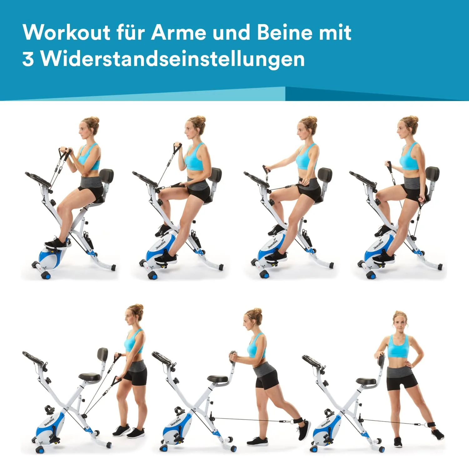 Fitnessgerät mit Anleitung für ein Workout für Arme und Beine in drei Widerstandseinstellungen. Sechs Übungen gezeigt.