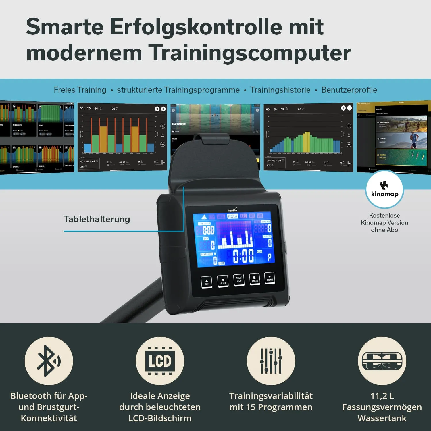 Display eines Trainingscomputers mit Tablet-Halterung, umgeben von Grafiken und Informationen über Trainingsprogramme und Funktionen.