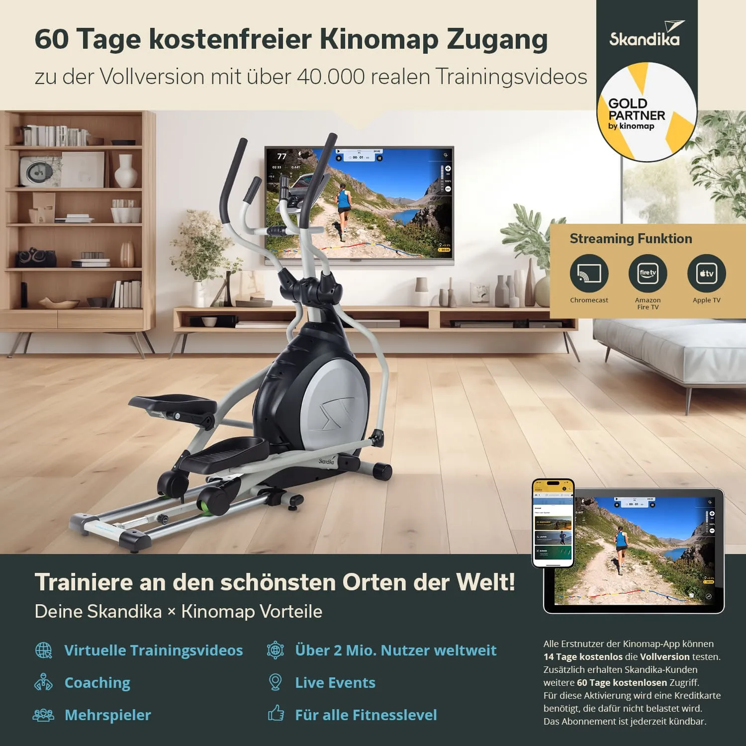 Ein eleganter Crosstrainer steht auf einem Holzboden vor einem Fernseher. Der Fernseher zeigt eine Trainingslandschaft. In der unteren Bildhälfte sind Informationen zu einem kostenlosen Kinomap-Zugang und Vorteilen aufgelistet.