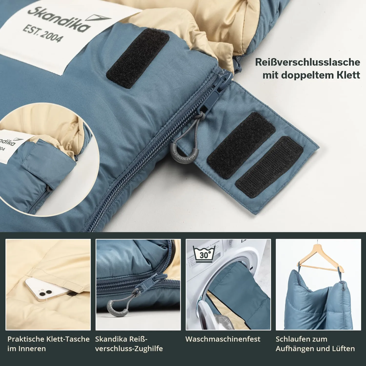 Blaue Decke mit beigem Innenfutter, Reißverschluss, Klettverschluss und Waschhinweisen. Enthält Bilder von Funktionen.