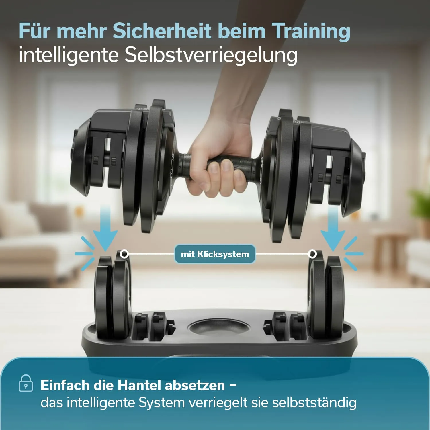 Drei verstellbare Kurzhanteln mit Klicksystem stehen auf einer Halterung. Eine Hand hält eine Hantel. Hintergrund unscharf.