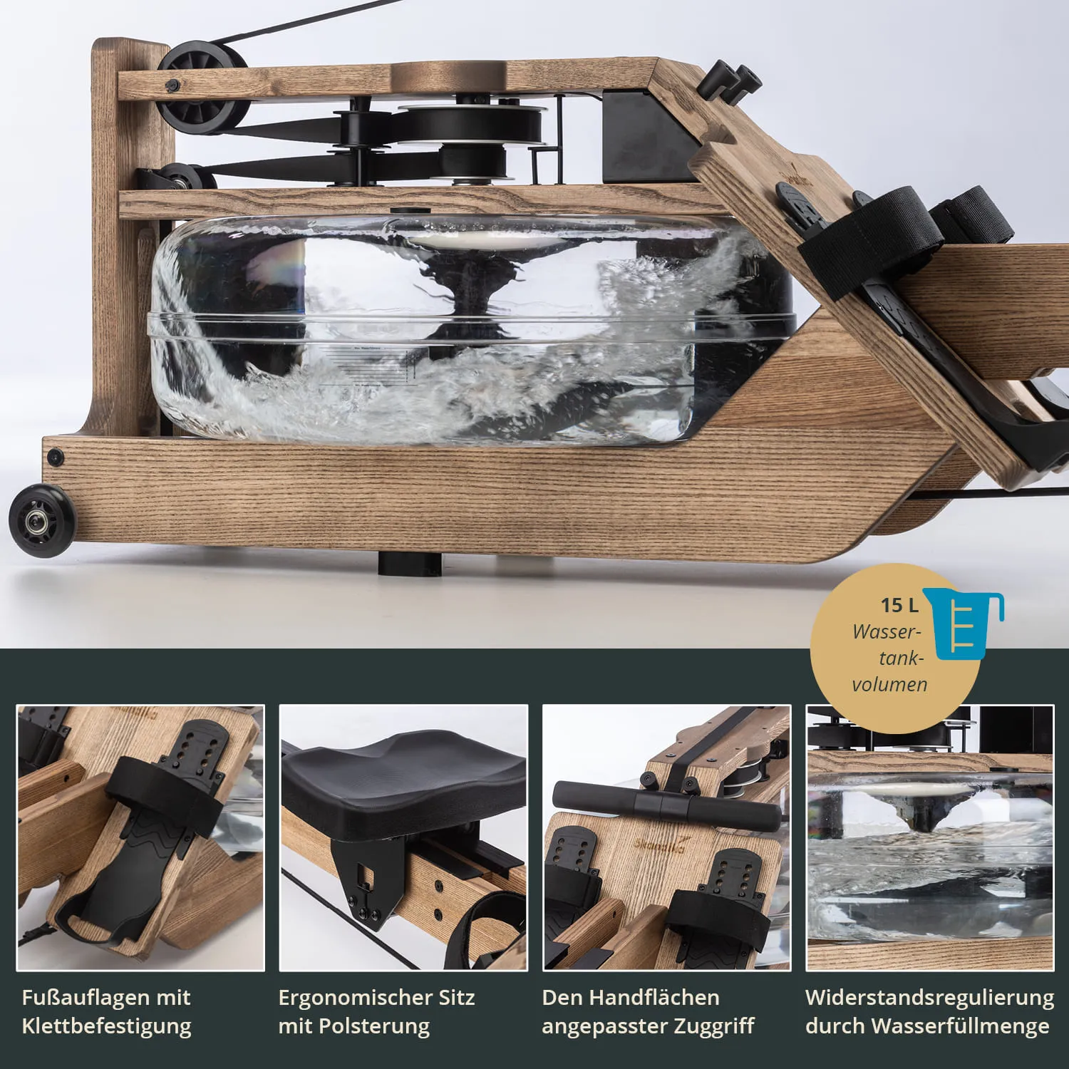 Rudergerät aus Holz mit transparentem Wassertank, verstellbaren Fußauflagen und ergonomischem Sitz.