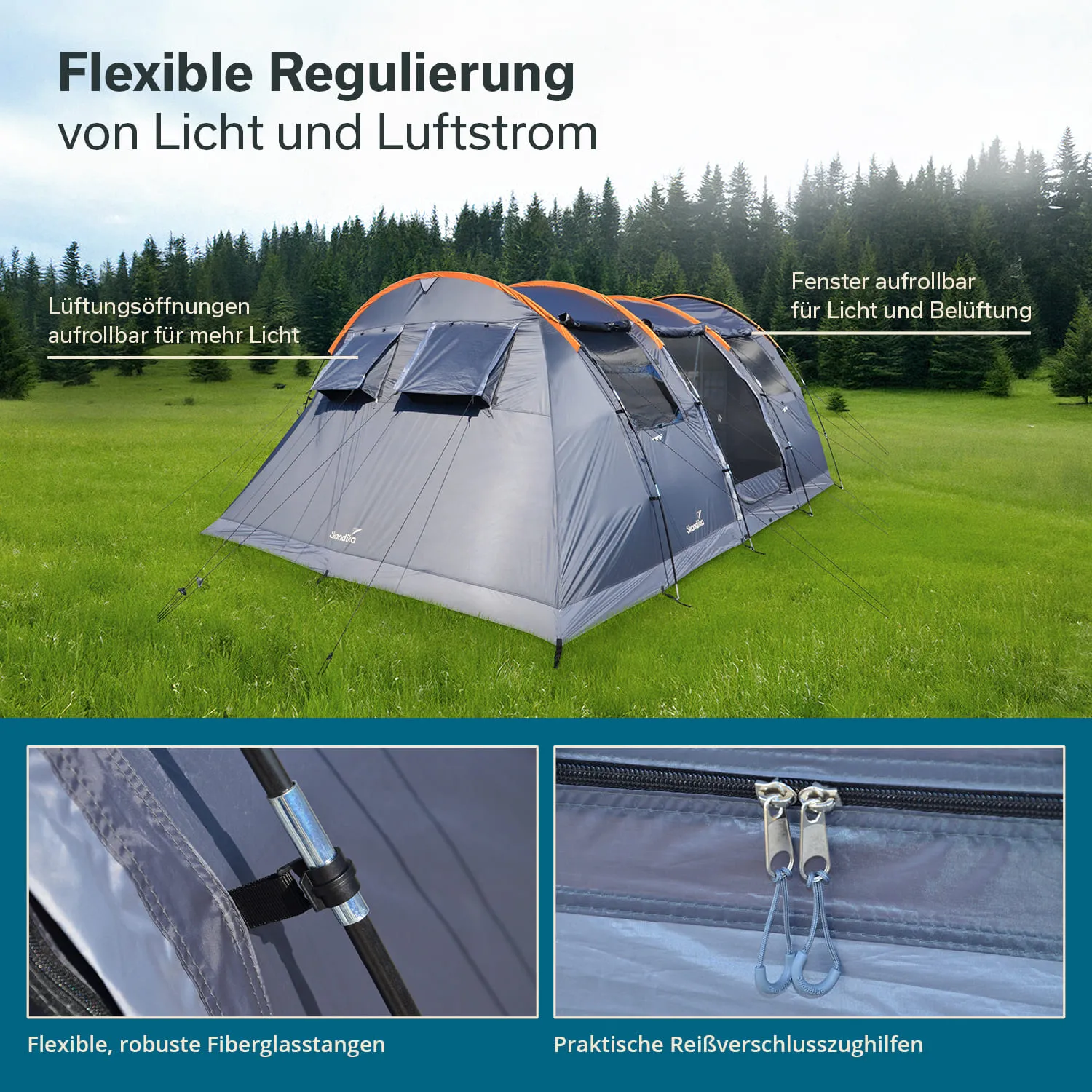 Zelt in grauer Farbe auf einer Wiese, umgeben von Bäumen. Detailansichten von Fiberglasstangen und Reißverschlüssen.