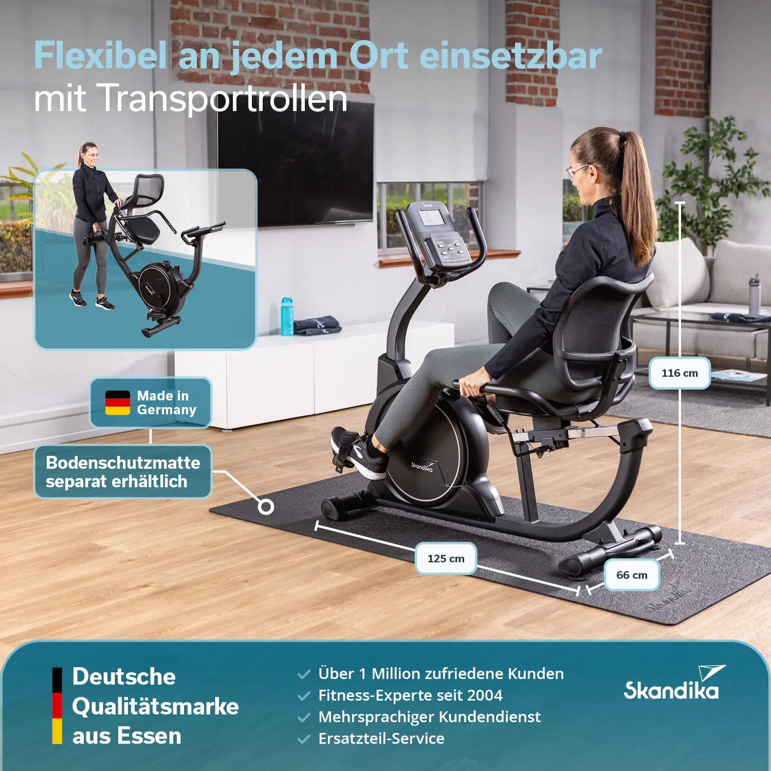 Fitnessgerät in einem Wohnraum, eine Person sitzt auf einem Heimtrainer. Maße und Produktmerkmale angezeigt.